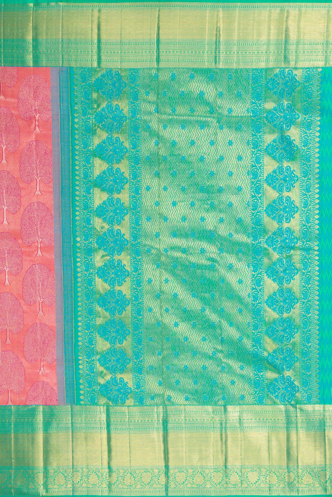 Close up image of the pallu of Pink Kanchipuram Silk Saree with Zari Brocade on the body and Zari Border. 