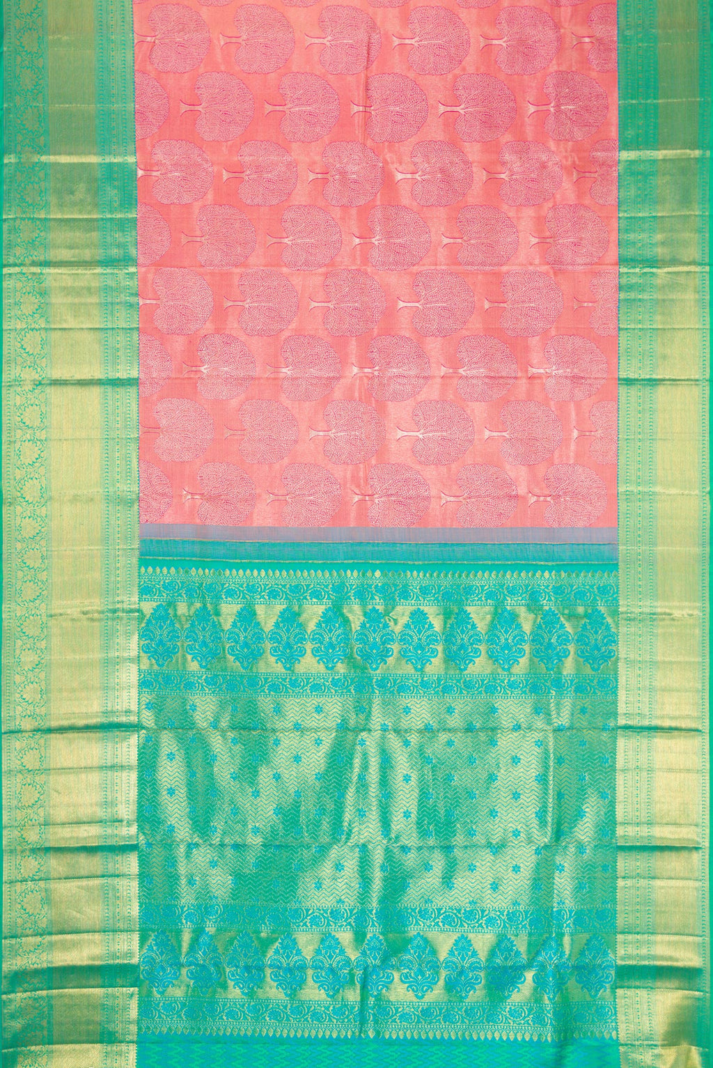 Flat view of Pink Kanchipuram Silk Saree with Zari Brocade on the body and Zari Border. 