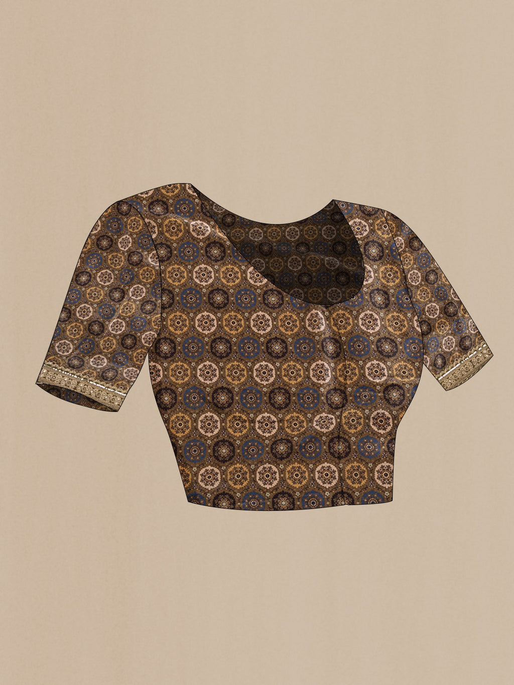 Close up image of the blouse of Bronze Dual Tone Organza Silk Saree with Embroidery on the body and Embroidery Border. 