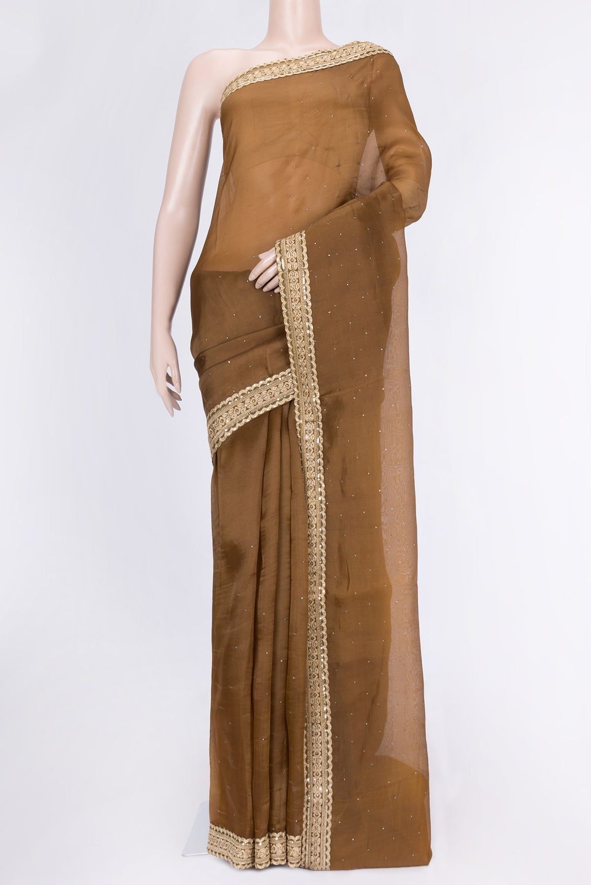 Bronze Dual Tone Organza Silk Saree with Embroidery on the body and Embroidery Border.  displayed on a mannequin