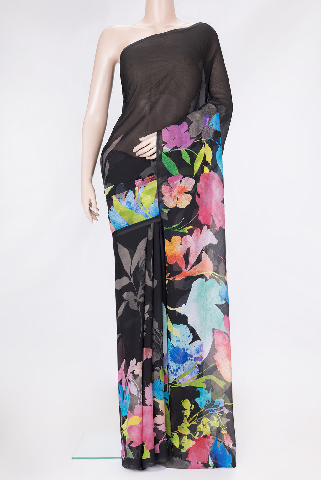 Black Dual Tone Mysore Chiffon Saree with Printed design on the body and Without Border.  displayed on a mannequin