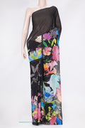 Black Dual Tone Mysore Chiffon Saree with Printed design on the body and Without Border.  displayed on a mannequin