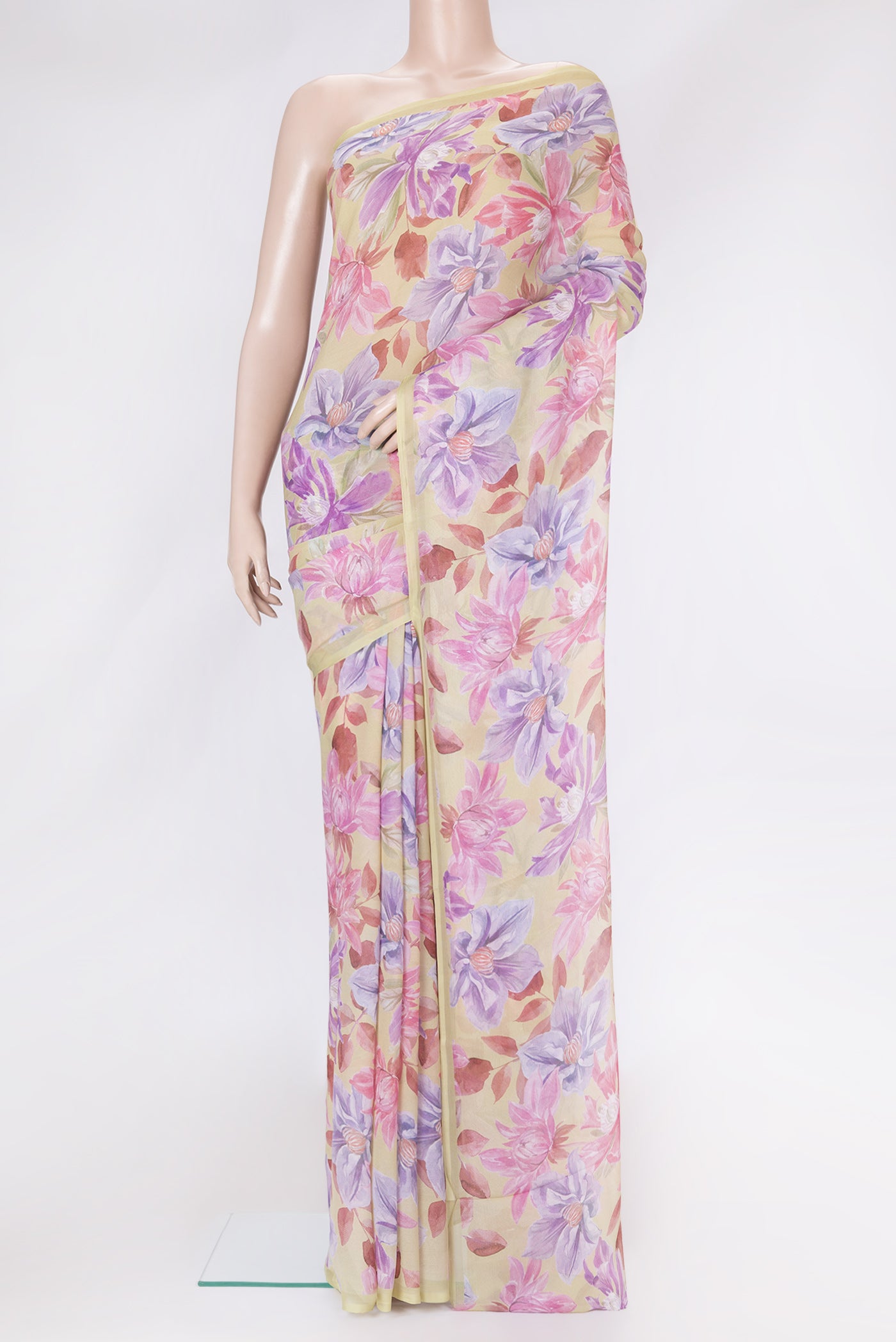 Pista Green Dual Tone Mysore Chiffon Saree with Printed design on the body and Without Border.  displayed on a mannequin