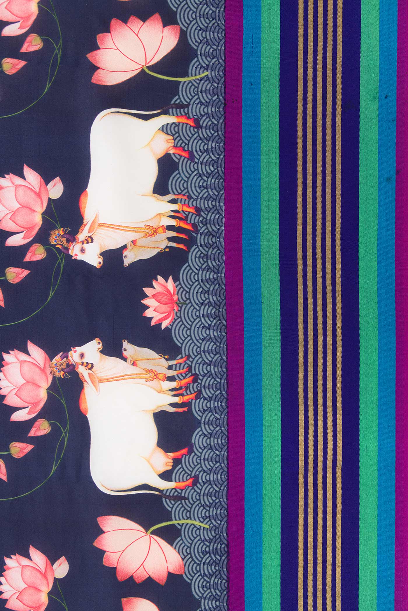 Border image of Navy Blue Dual Tone Kanchipuram Silk Saree with Printed design on the body and Zari Border. 