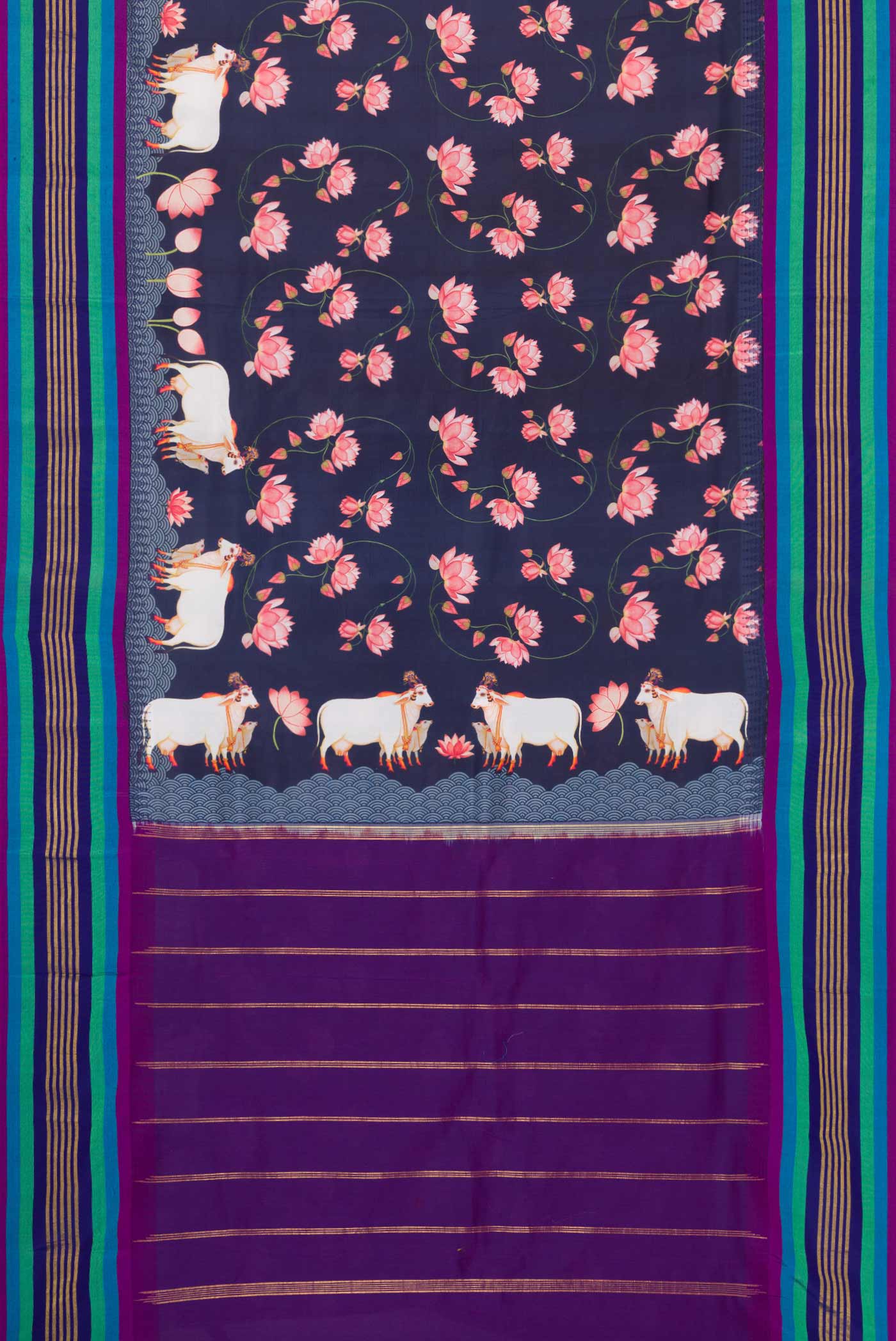 Flat view of Navy Blue Dual Tone Kanchipuram Silk Saree with Printed design on the body and Zari Border. 