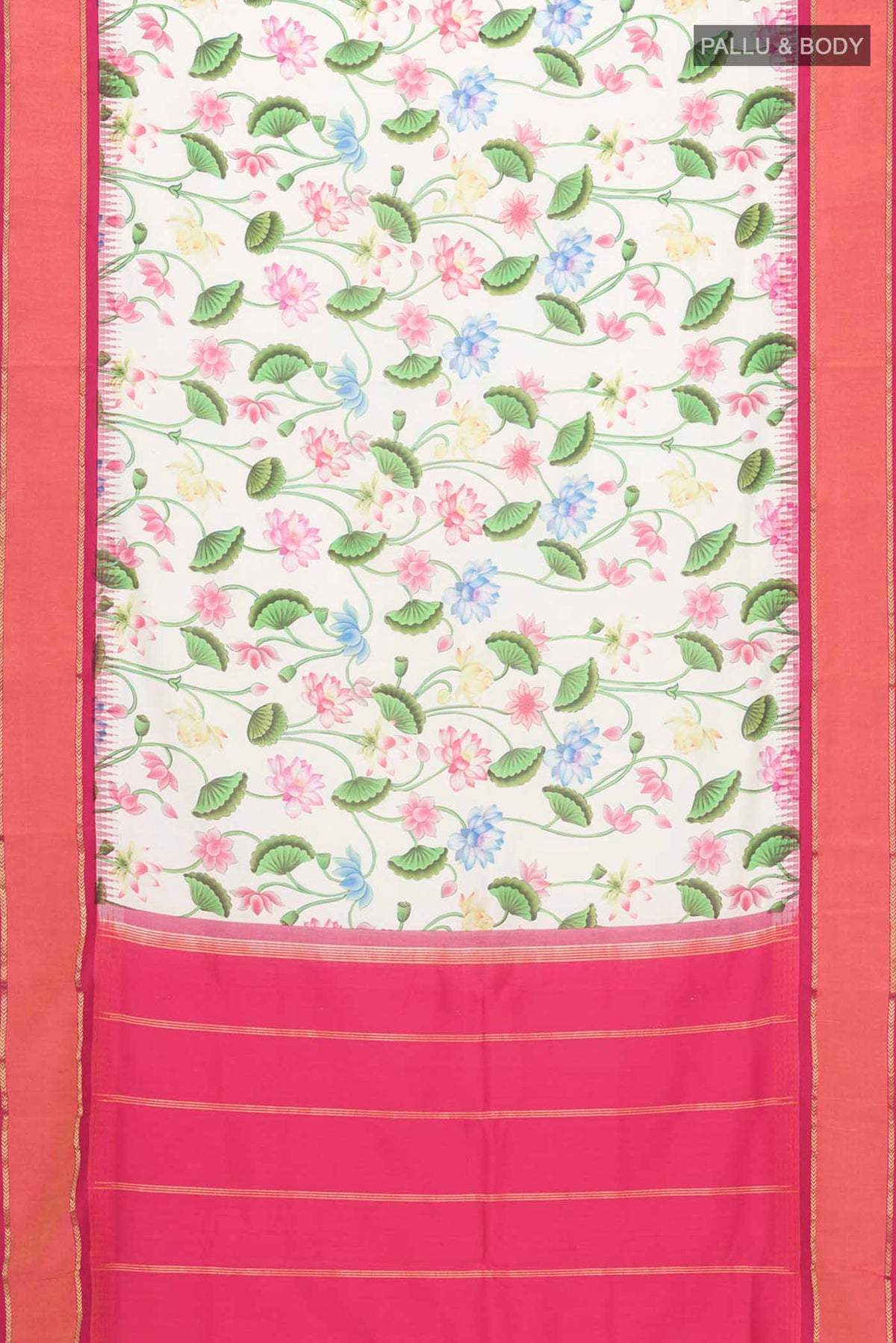 Flat view of Cream Printed Silk Saree with Printed design on the body and Zari Border