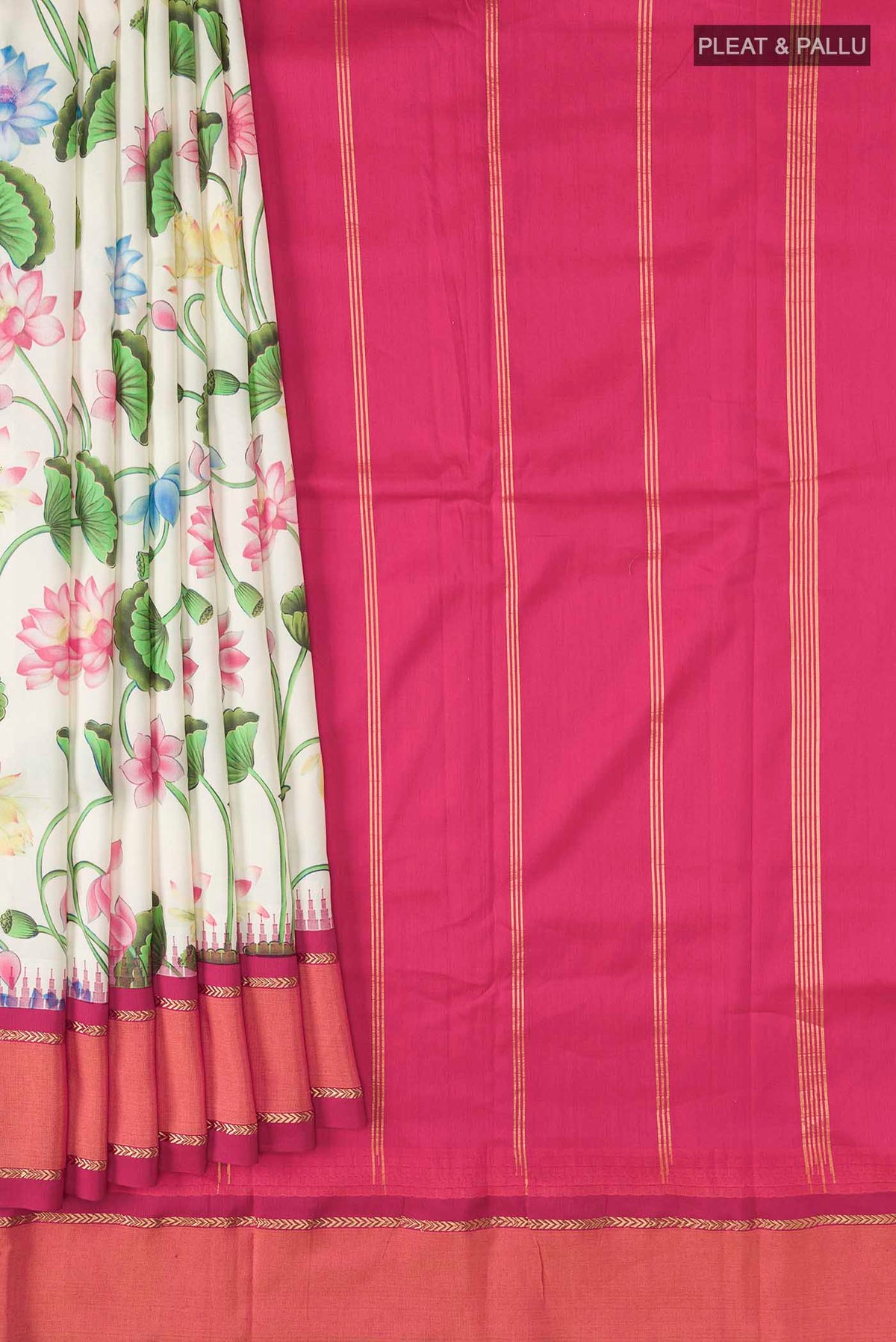 Pleats and pallu of Cream Printed Silk Saree with Printed design on the body and Zari Border