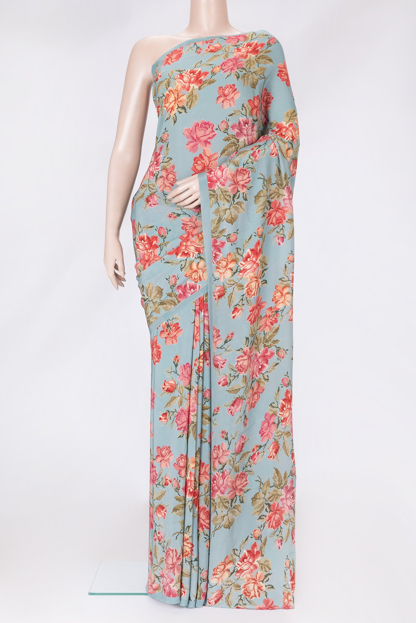 Grey Dual Tone Mysore Crepe Saree with Printed design on the body and Plain Border.  displayed on a mannequin
