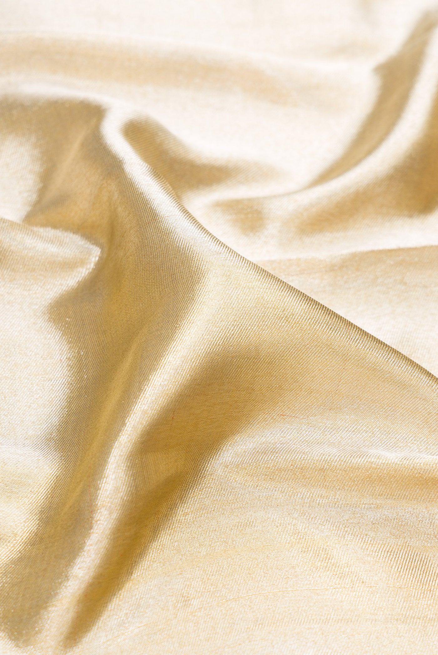 Close up of Gold Dual Tone Kanjivaram Tissue Silk Saree with Zari Brocade on the body and Zari Border.  displaying folds