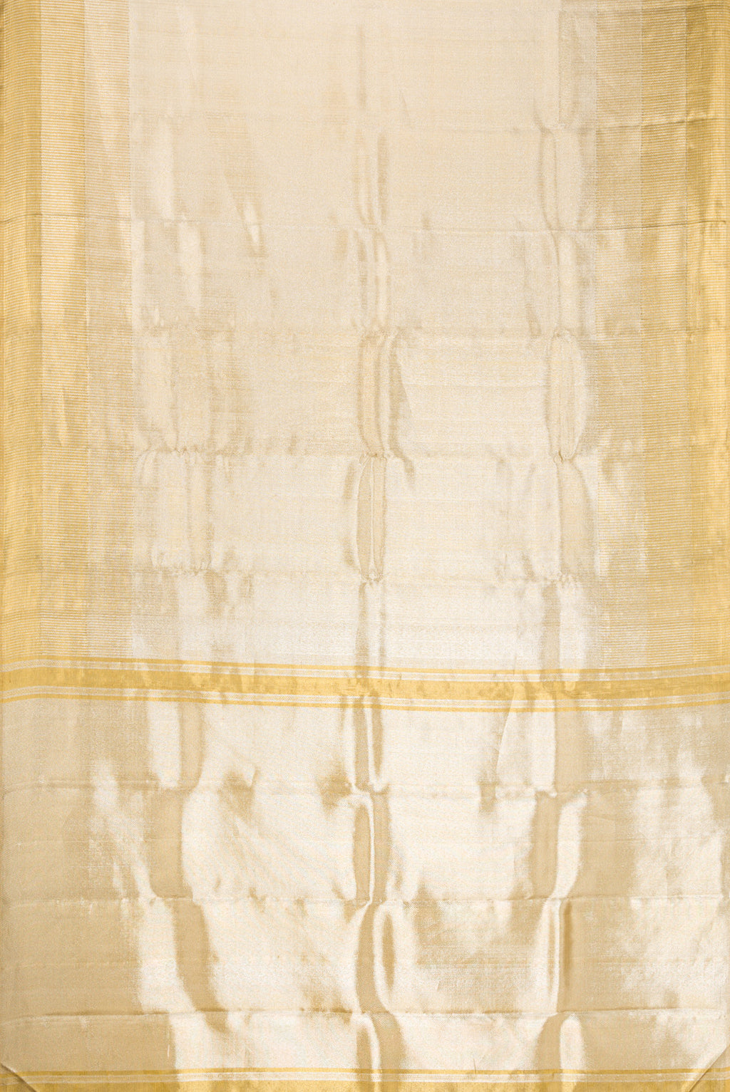 Flat view of Gold Dual Tone Kanjivaram Tissue Silk Saree with Zari Brocade on the body and Zari Border. 