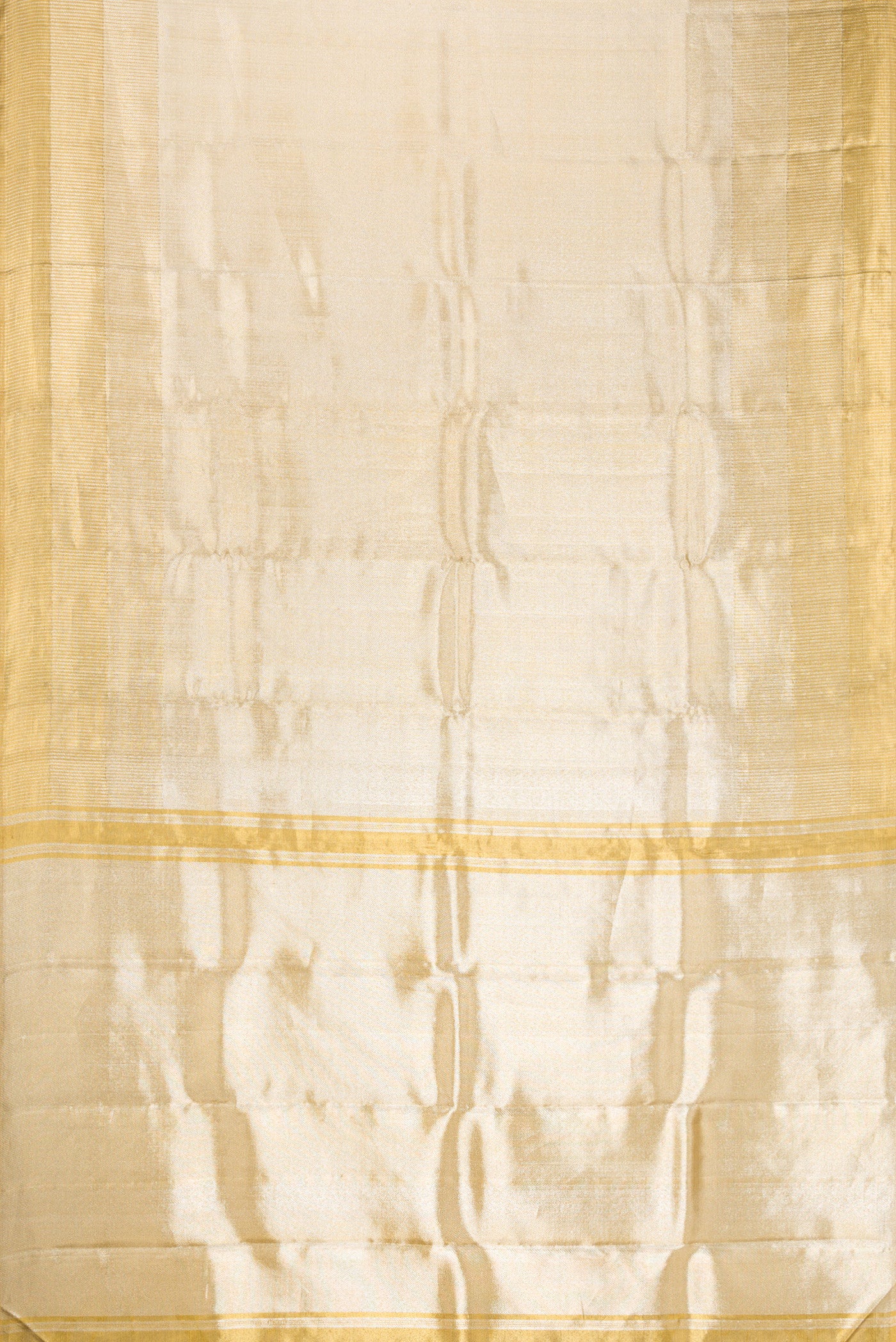 Flat view of Gold Dual Tone Kanjivaram Tissue Silk Saree with Zari Brocade on the body and Zari Border. 