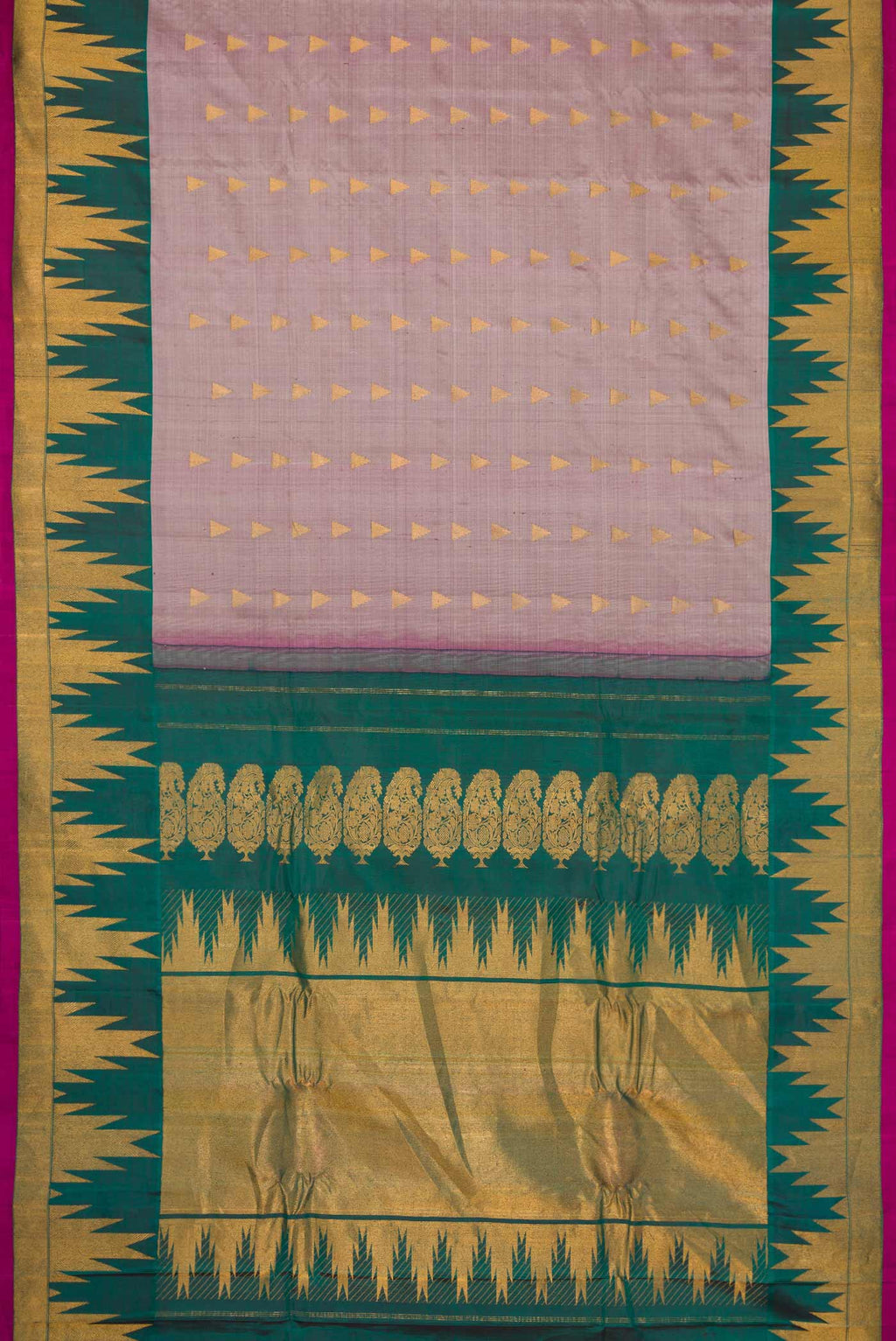 Flat view of Lavender Gadwal Silk Saree with Zari Butta on the body and Temple Border