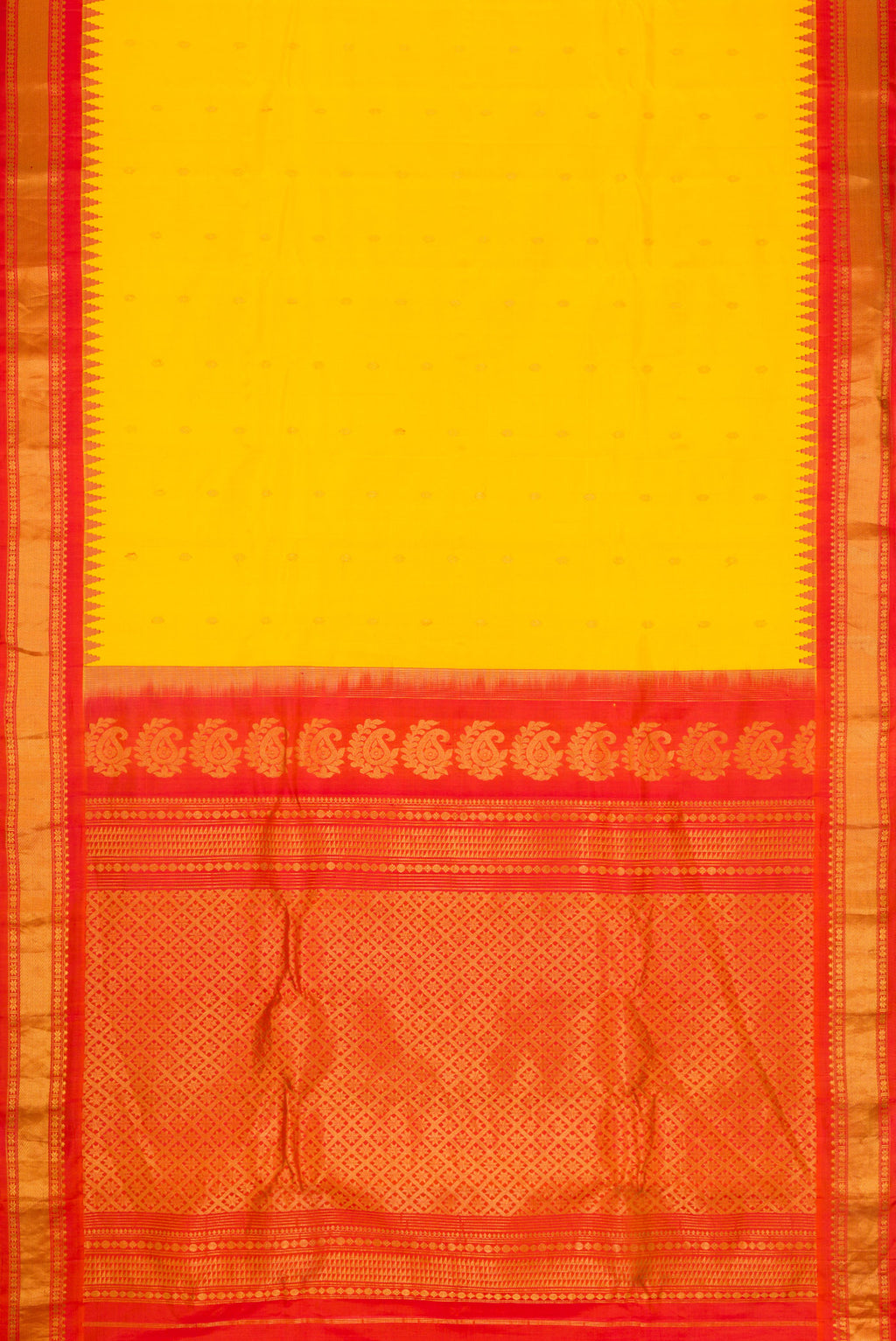 Flat view of Yellow Dual Tone Gadwal Silk Saree with Zari Butta on the body and Zari Border. 