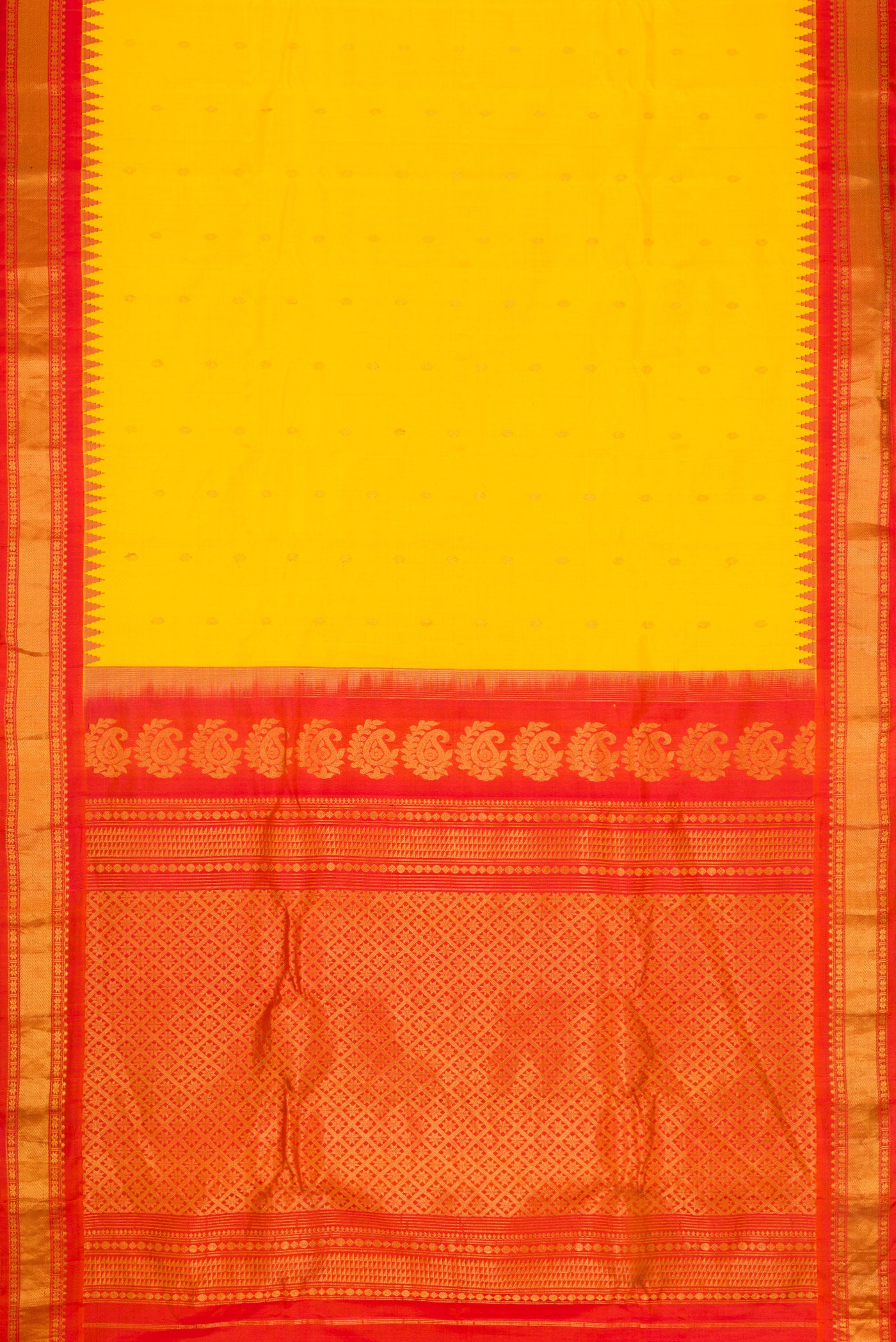 Flat view of Yellow Dual Tone Gadwal Silk Saree with Zari Butta on the body and Zari Border. 