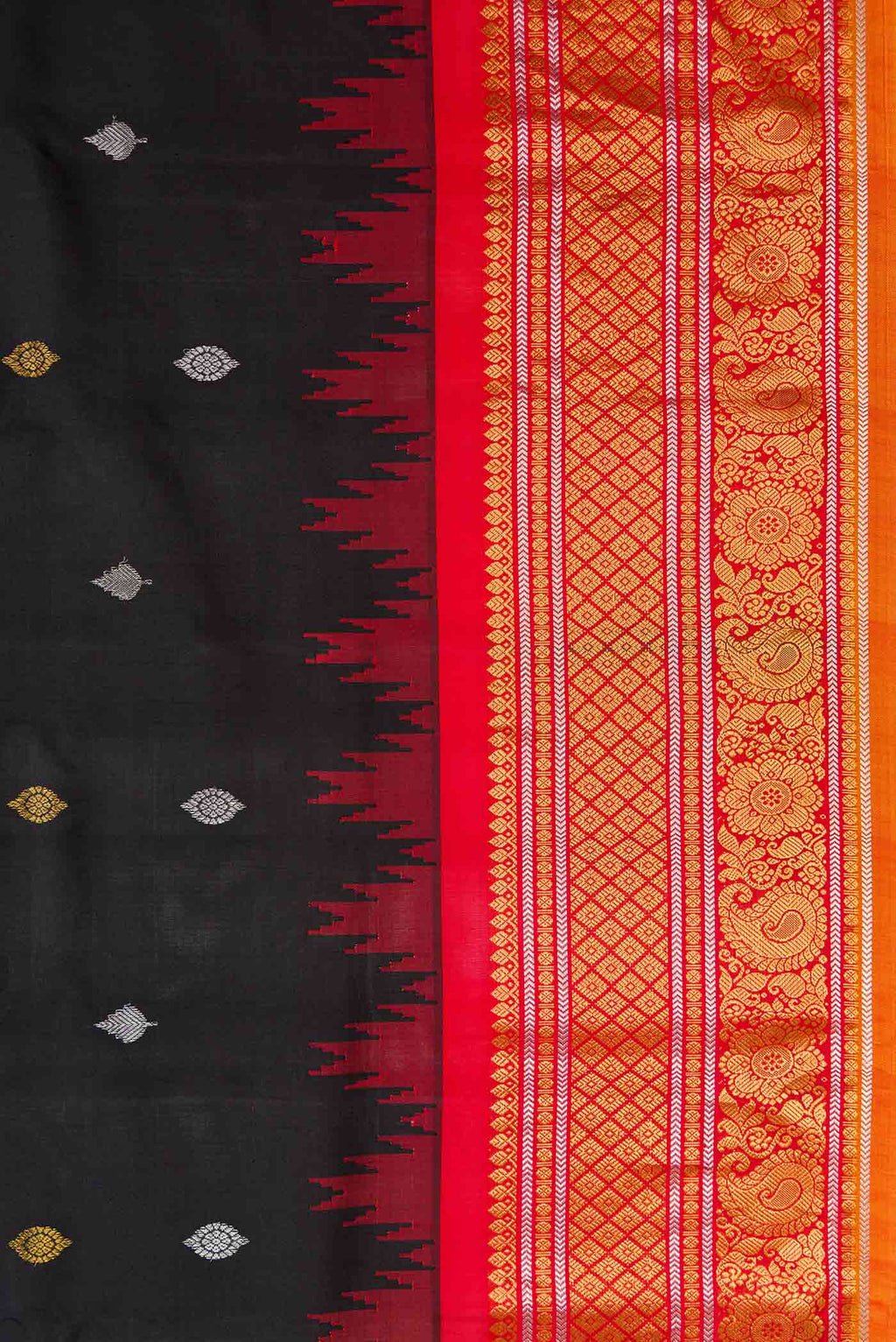 Border image of Black Dual Tone Gadwal Silk Saree with Zari Butta on the body and Zari Border