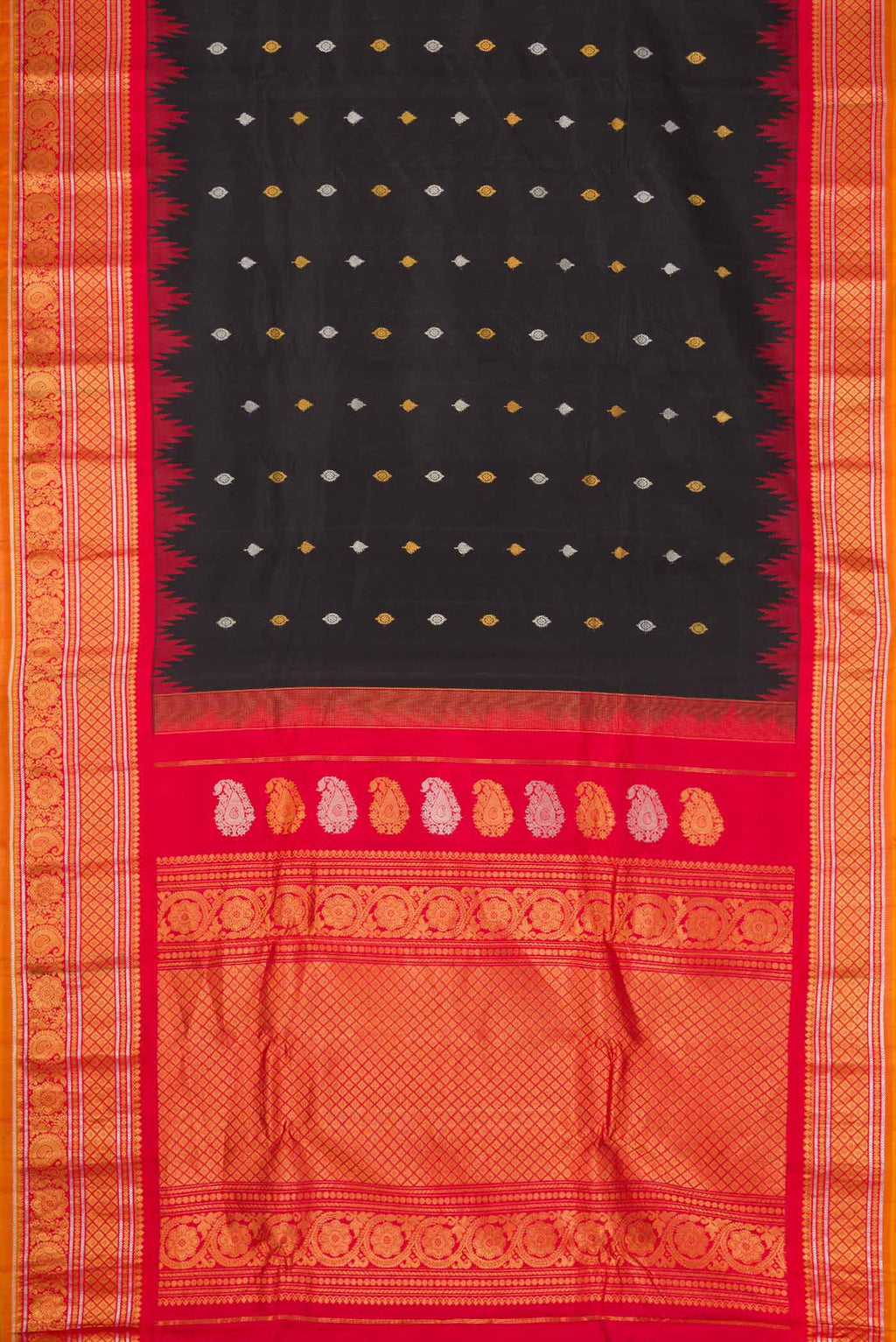 Flat view of Black Dual Tone Gadwal Silk Saree with Zari Butta on the body and Zari Border