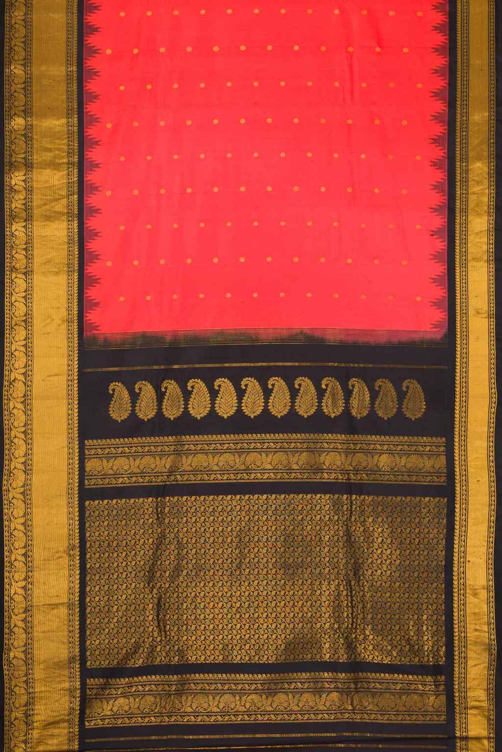 Flat view of Brick Orange Dual Tone Gadwal Silk Saree with Zari Butta on the body and Zari Border