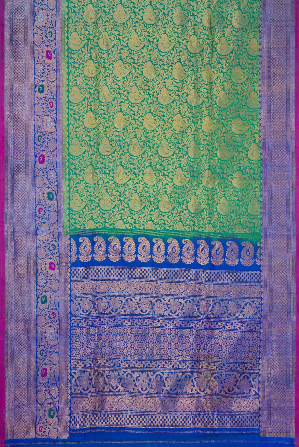 Flat view of Green Dual Tone Gadwal Silk Saree with Zari Brocade on the body and Zari Border