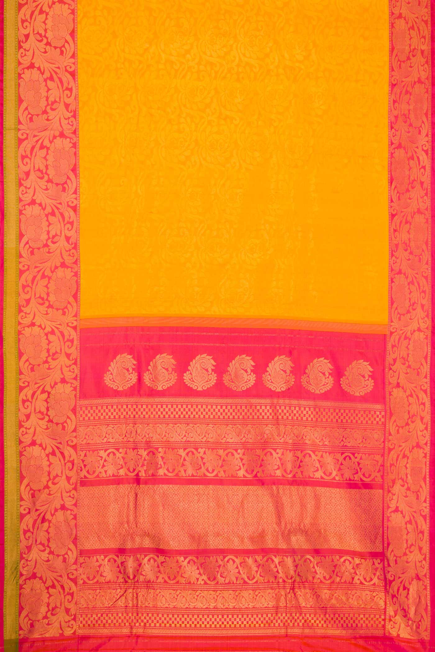 Flat view of Mustard Dual Tone Gadwal Silk Saree with Zari Butta on the body and Zari Border