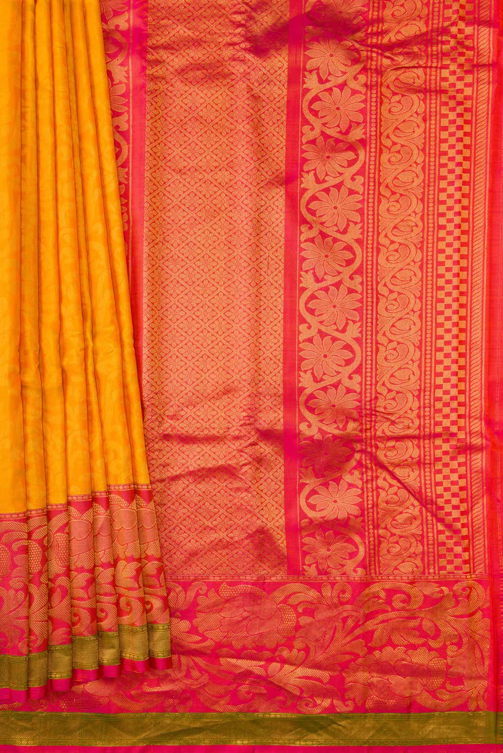 Pleats and pallu of Mustard Dual Tone Gadwal Silk Saree with Zari Butta on the body and Zari Border