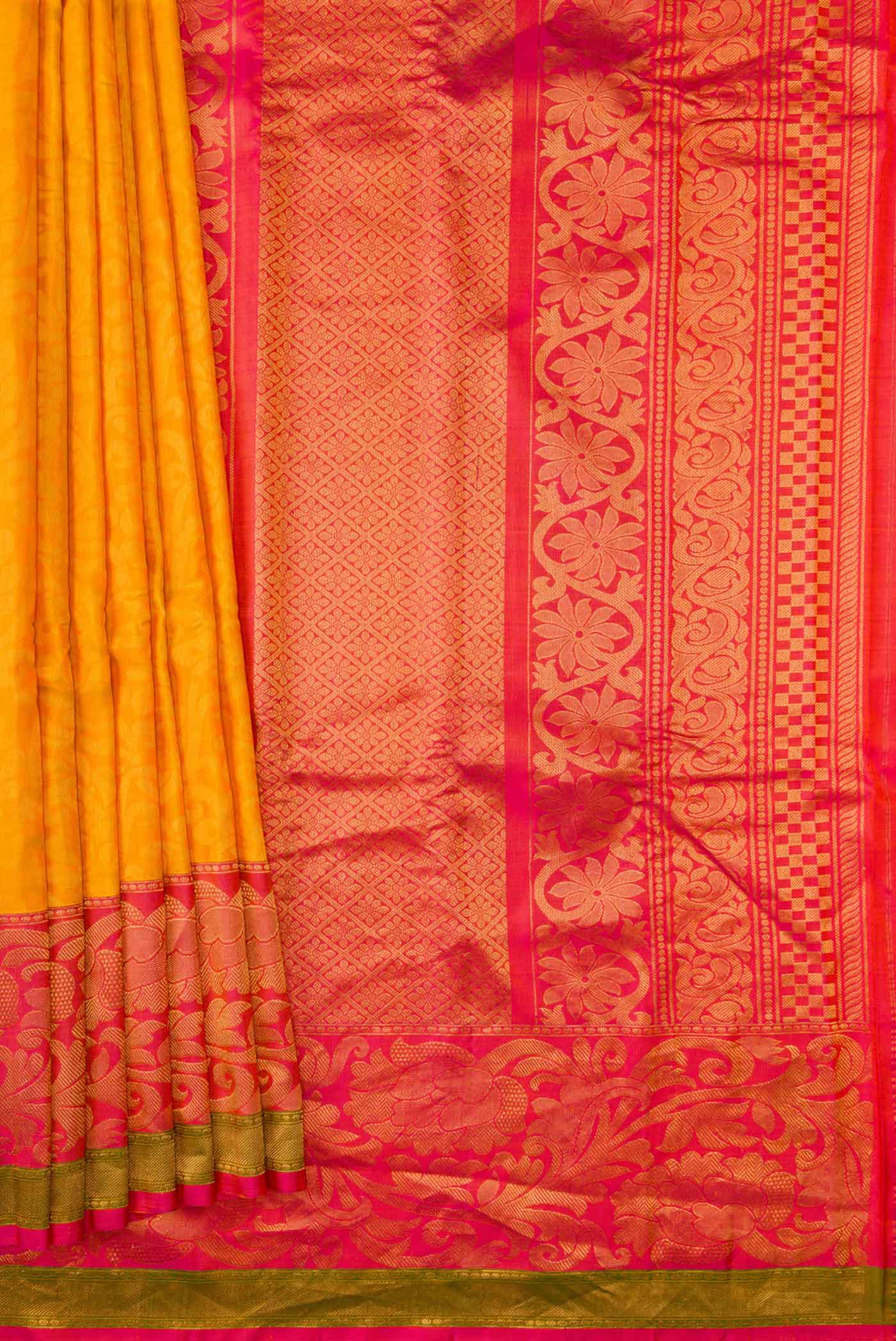 Pleats and pallu of Mustard Dual Tone Gadwal Silk Saree with Zari Butta on the body and Zari Border