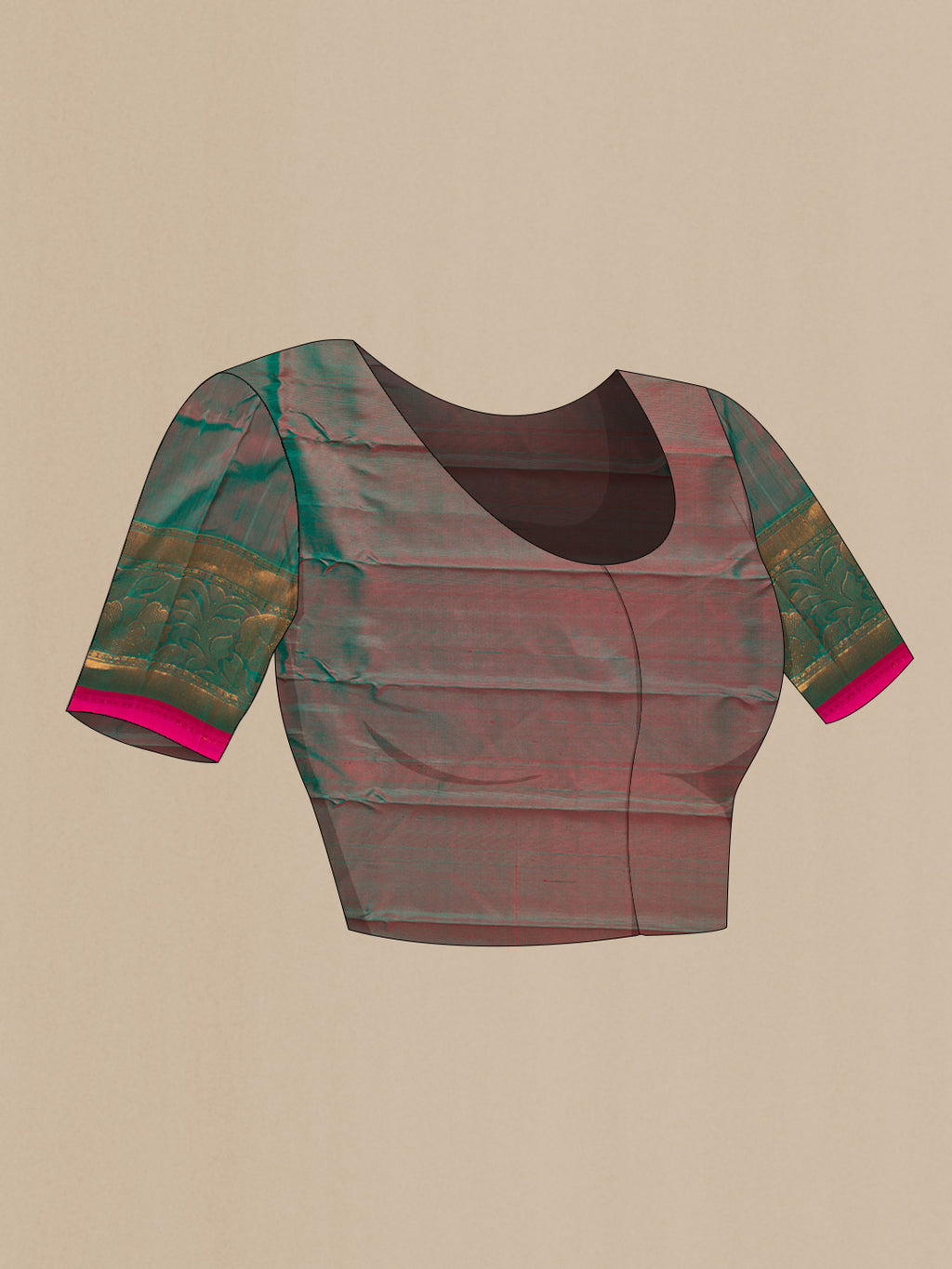 Close up image of the blouse of Pink Dual Tone Gadwal Silk Saree with Zari Brocade on the body and Zari Border