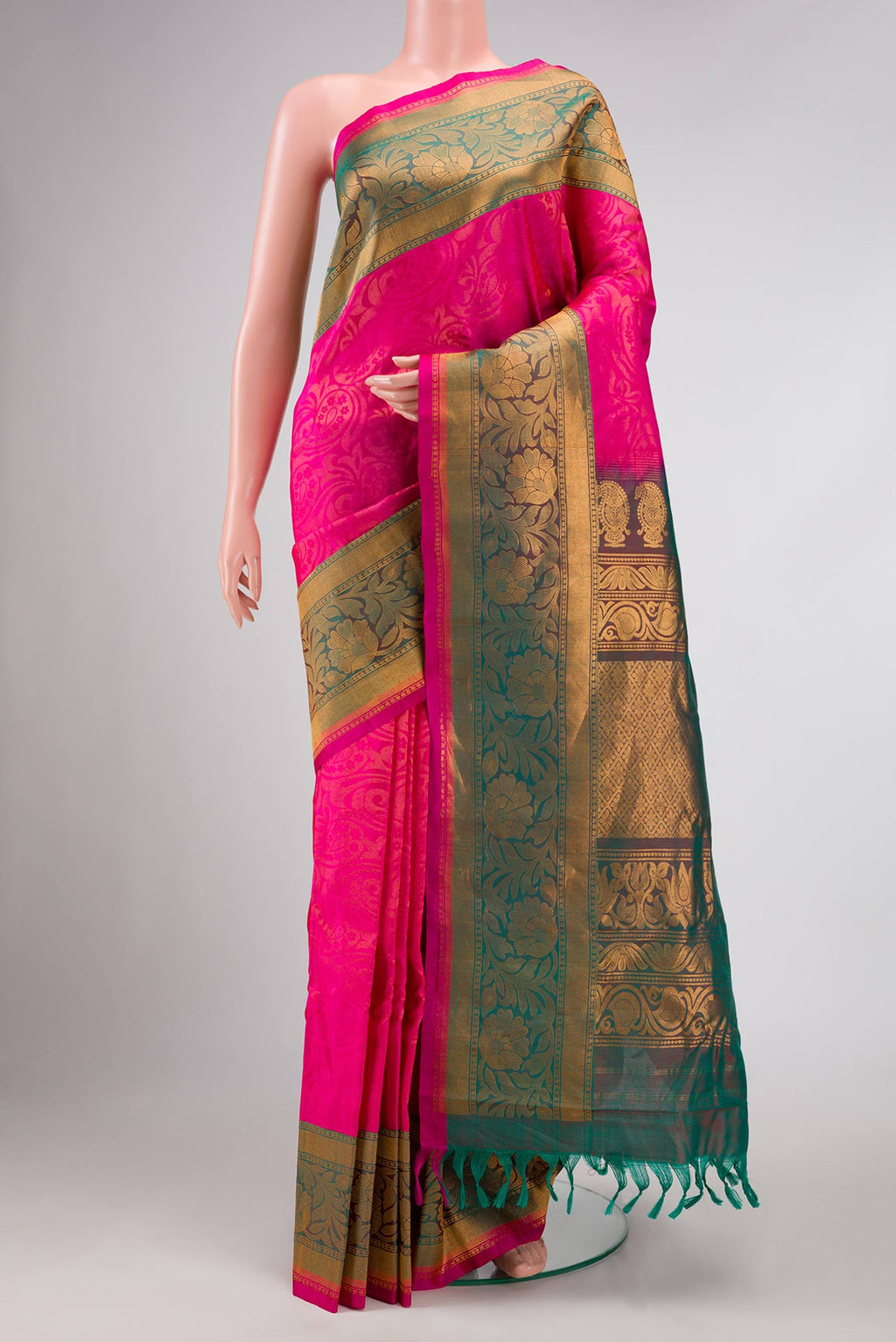 Pink Dual Tone Gadwal Silk Saree with Zari Brocade on the body and Zari Border displayed on a mannequin