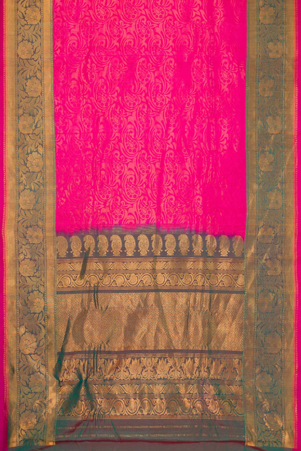 Flat view of Pink Dual Tone Gadwal Silk Saree with Zari Brocade on the body and Zari Border