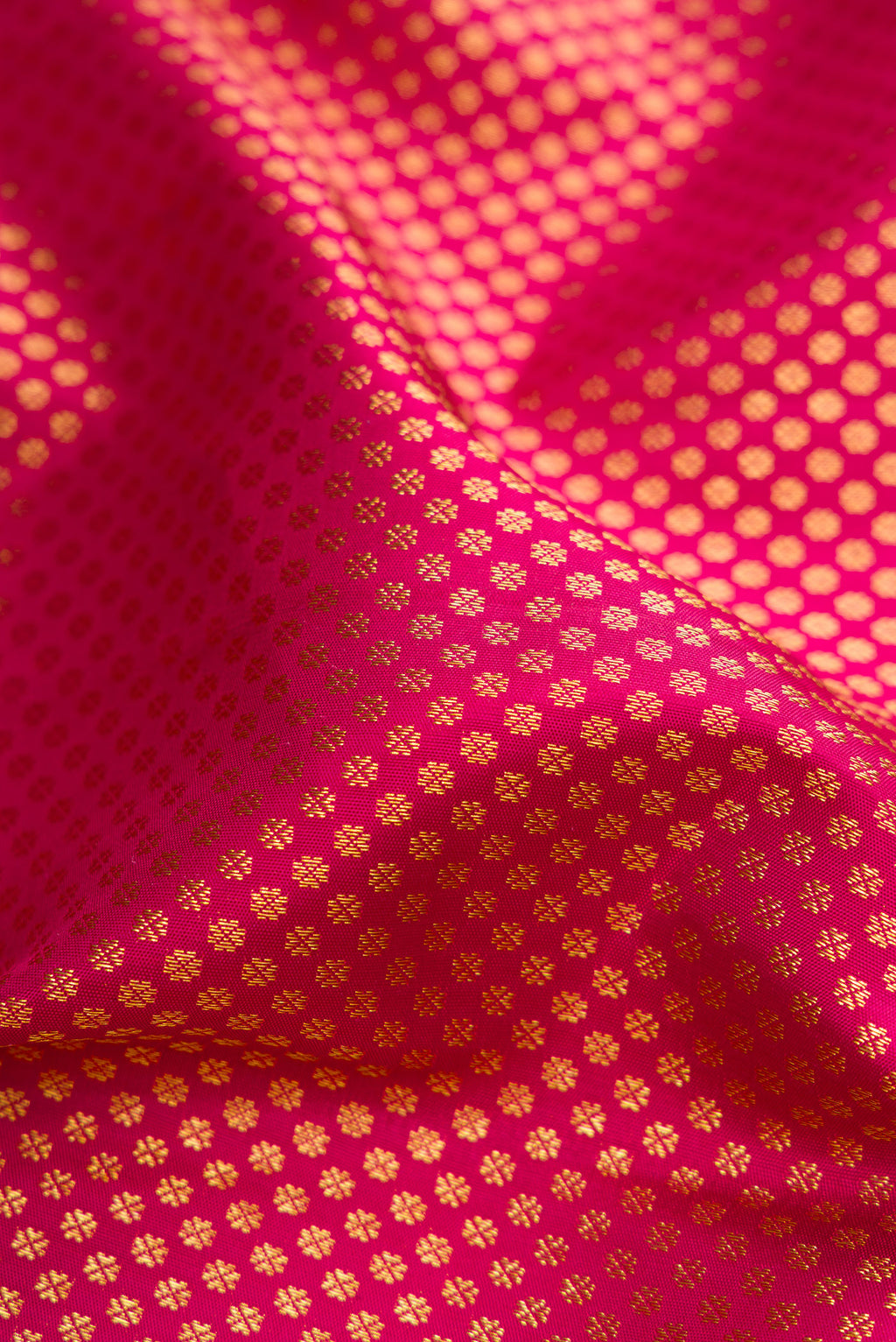 Close up of Pink Kanjivaram Silk Saree with Zari Brocade on the body and Zari Border.  displaying folds