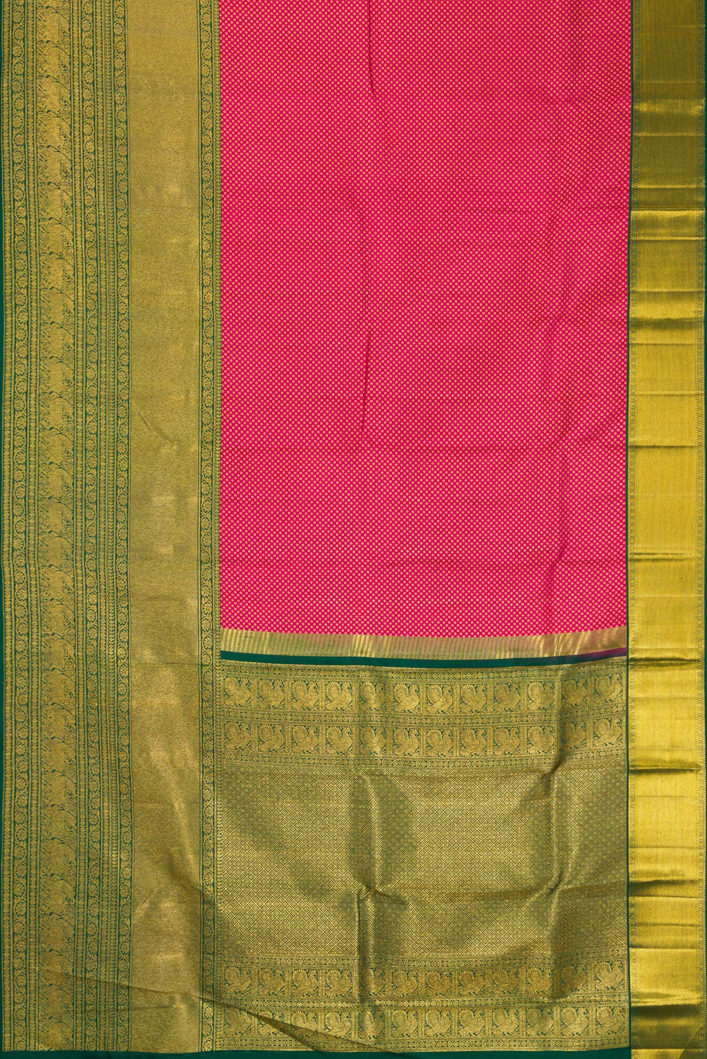 Flat view of Pink Kanjivaram Silk Saree with Zari Brocade on the body and Zari Border. 