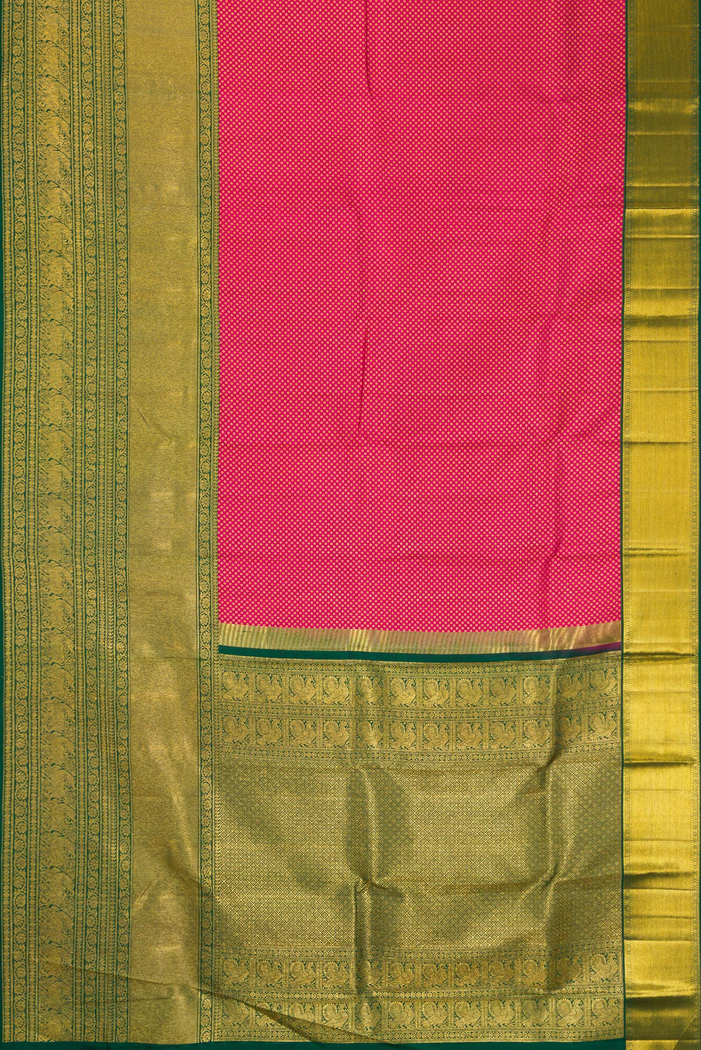 Flat view of Pink Kanjivaram Silk Saree with Zari Brocade on the body and Zari Border. 