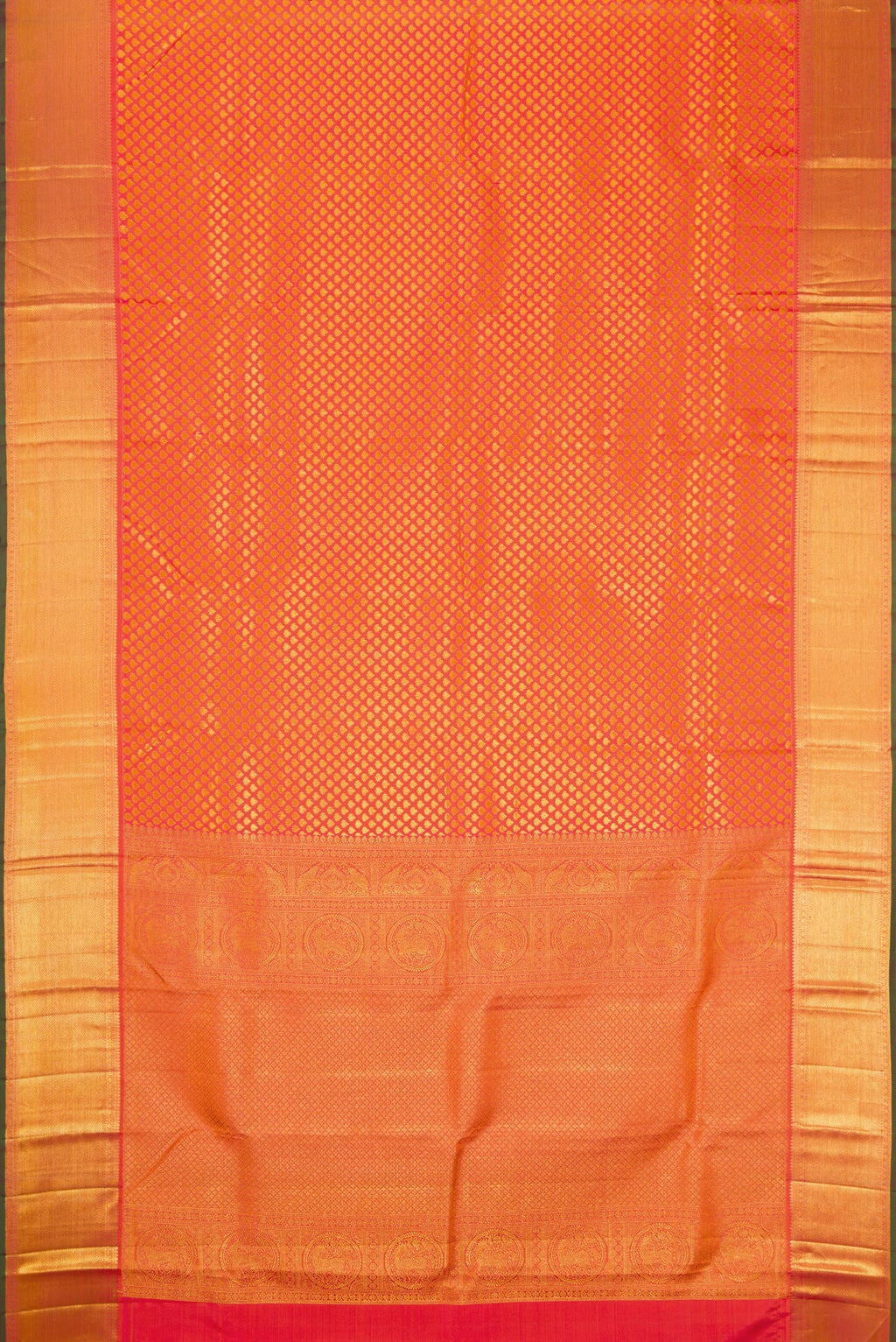 Flat view of Orange Kanjivaram Silk Saree with Zari Brocade on the body and Zari Border. 