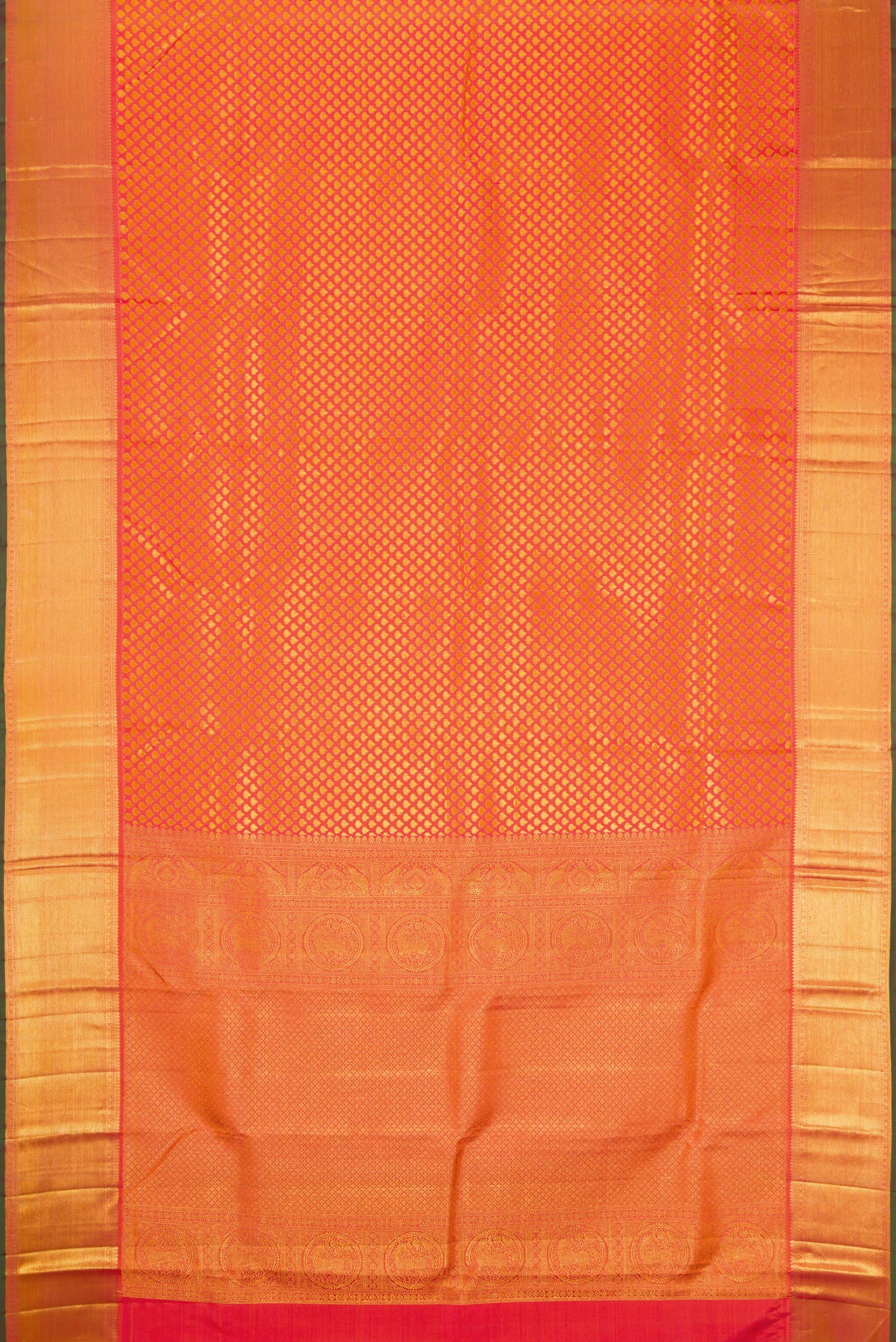 Flat view of Orange Kanjivaram Silk Saree with Zari Brocade on the body and Zari Border. 