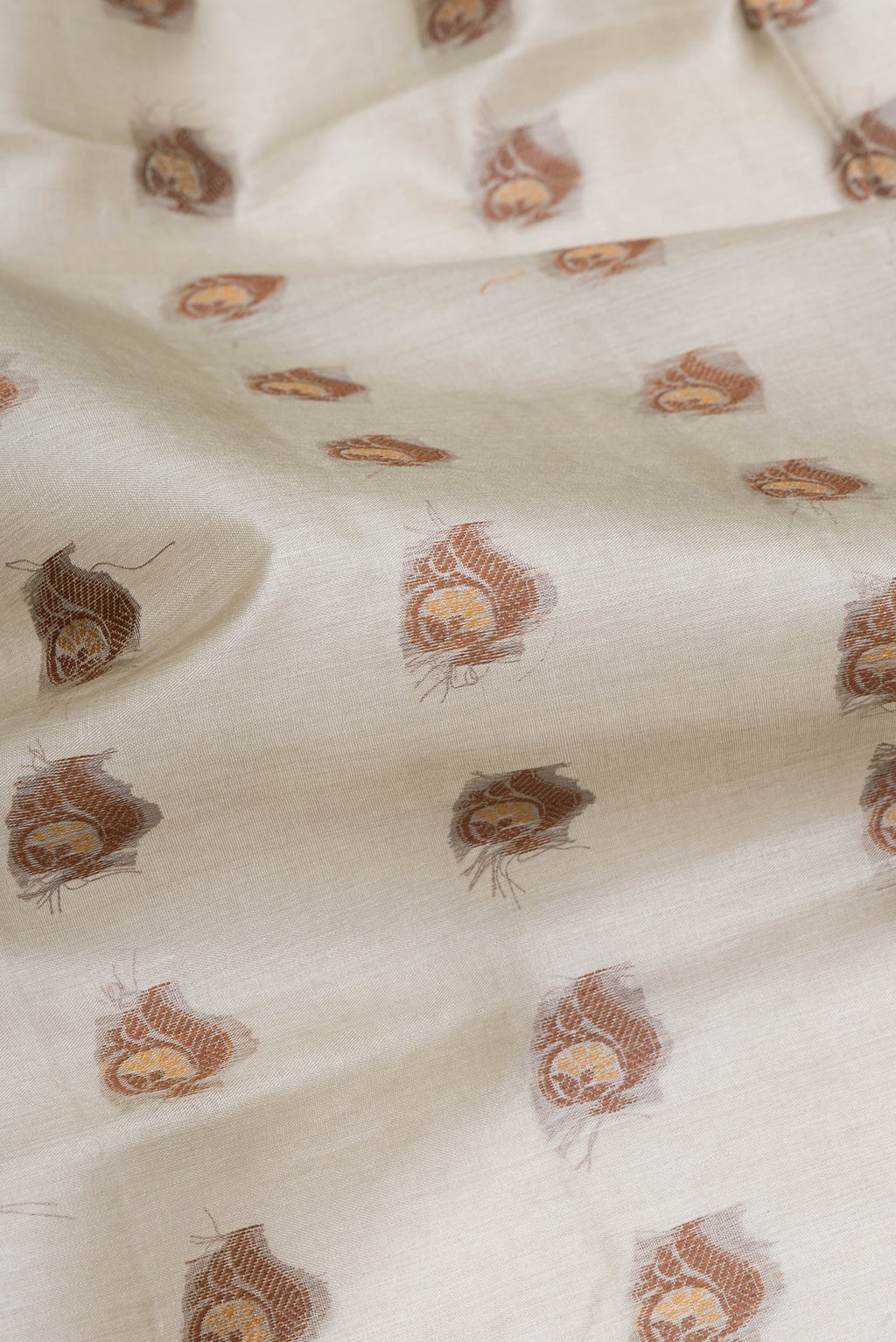 Close up of Beige Tussar Silk Saree with Thread Butta on the body and Fancy Border.  displaying folds