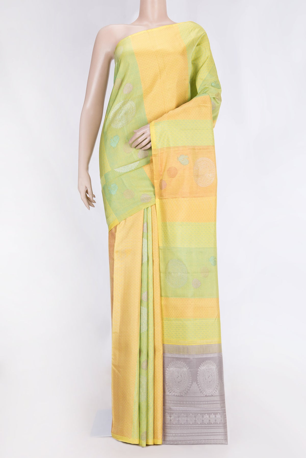 Pista Green Dual Tone Kanchipuram Silk Saree with Jacquard With Zari Butta on the body and Without Border displayed on a mannequin