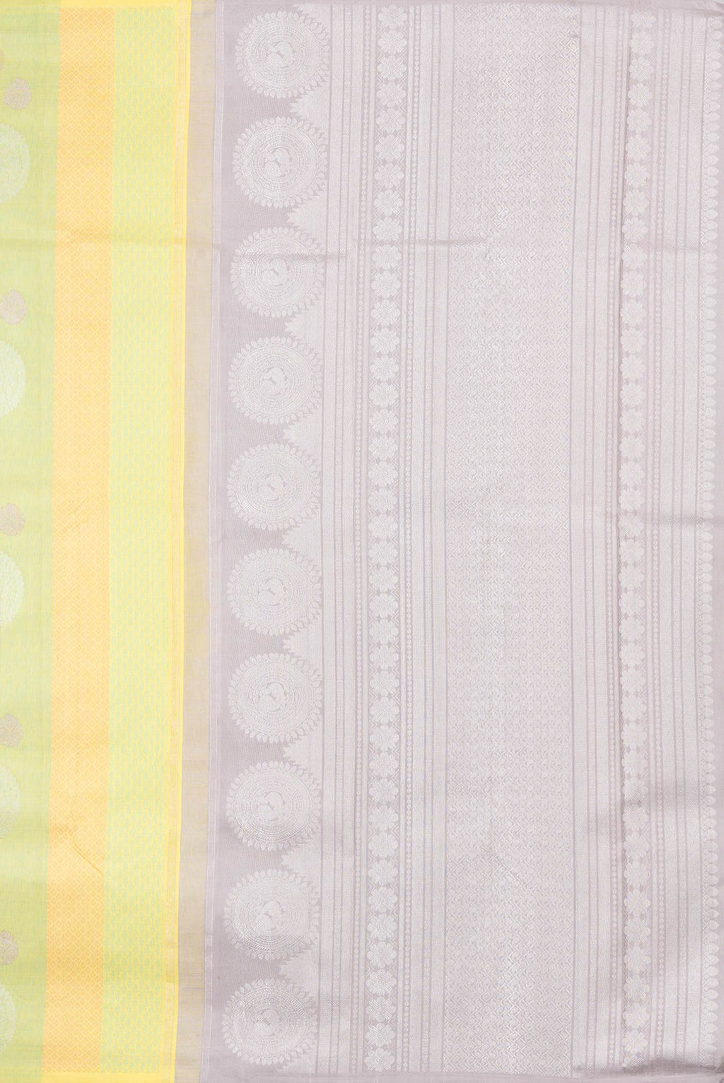 Close up image of the pallu of Pista Green Dual Tone Kanchipuram Silk Saree with Jacquard With Zari Butta on the body and Without Border