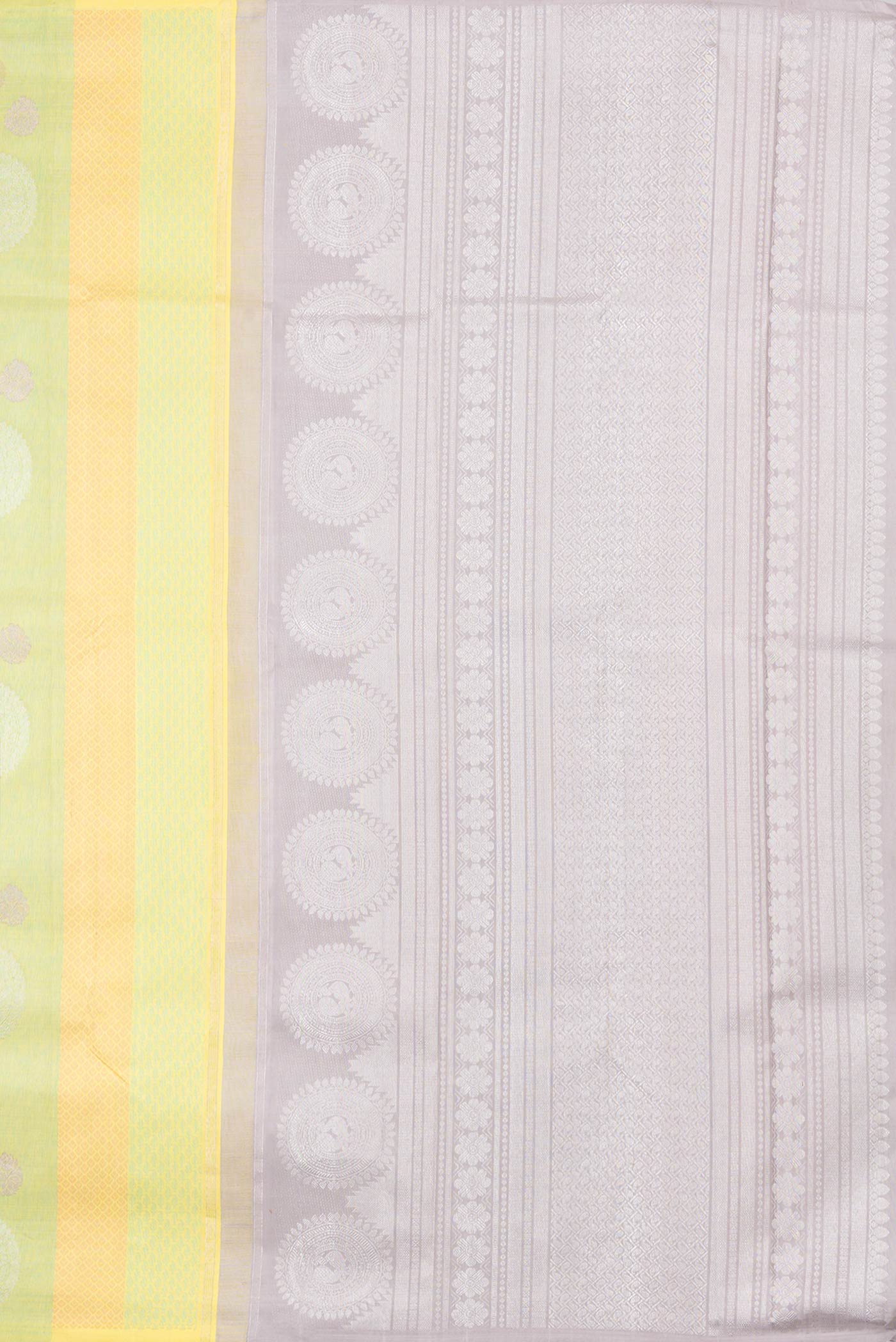 Close up image of the pallu of Pista Green Dual Tone Kanchipuram Silk Saree with Jacquard With Zari Butta on the body and Without Border