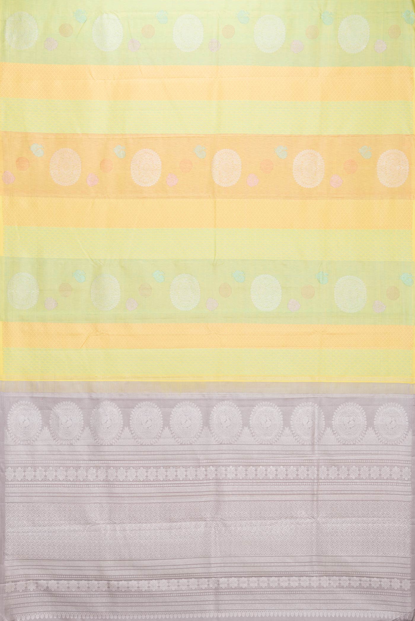 Flat view of Pista Green Dual Tone Kanchipuram Silk Saree with Jacquard With Zari Butta on the body and Without Border