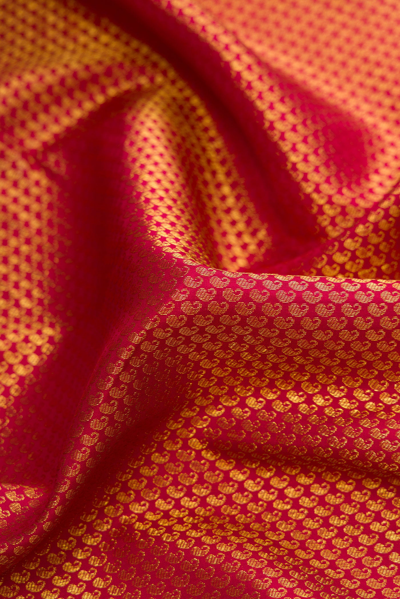 Close up of Maroon Dual Tone Kanjivaram Silk Saree with Zari Brocade on the body and Zari Border.  displaying folds