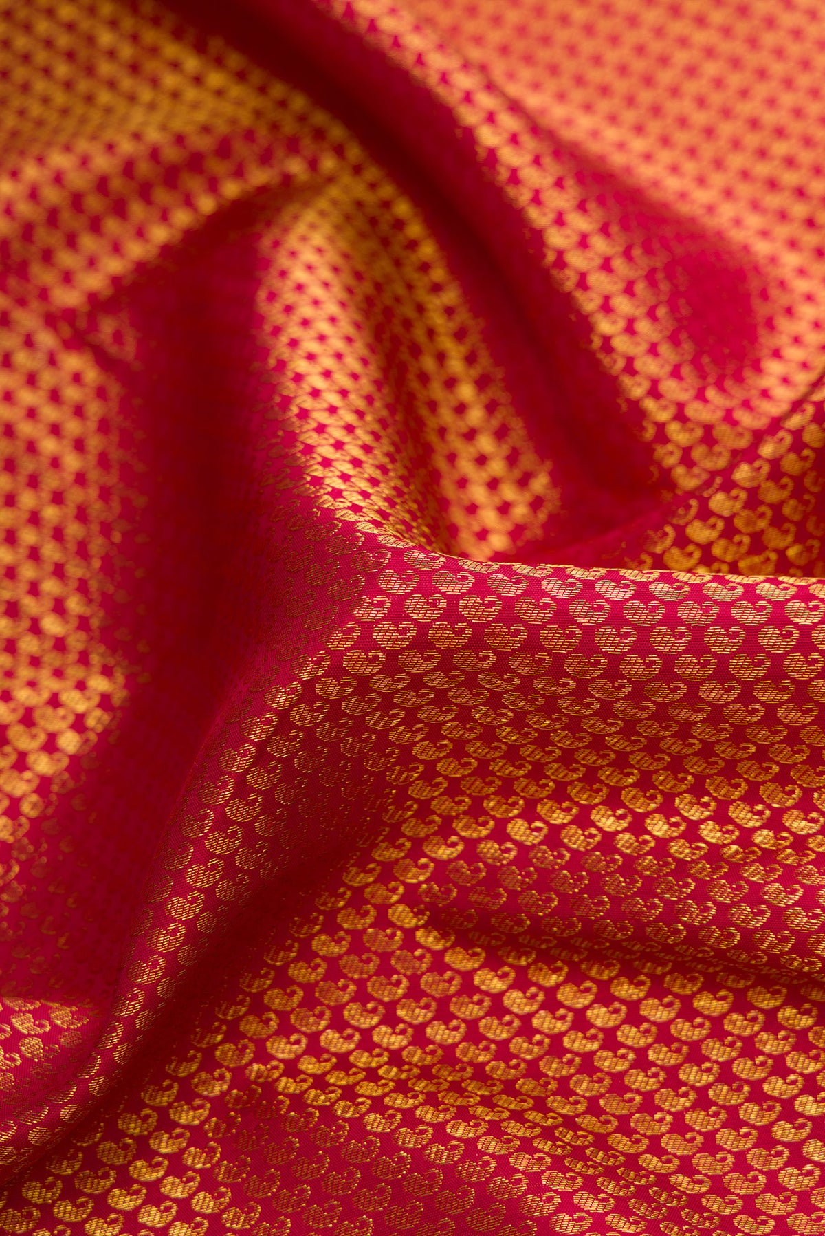 Close up of Maroon Dual Tone Kanjivaram Silk Saree with Zari Brocade on the body and Zari Border.  displaying folds