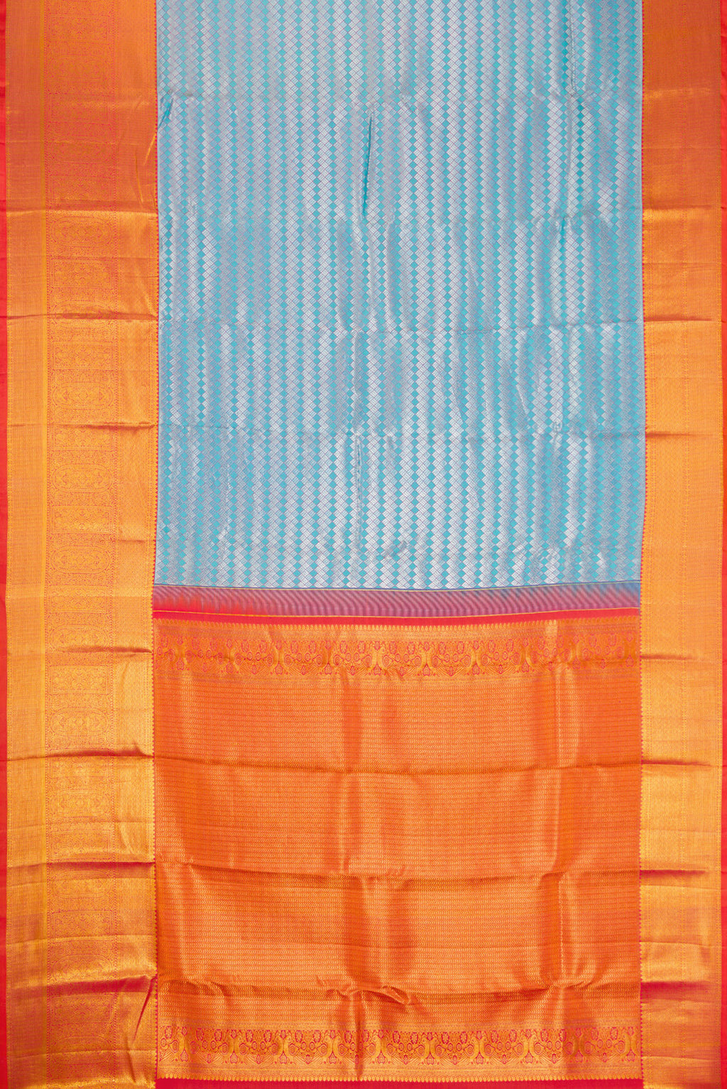 Flat view of Sky Blue Dual Tone Kanchipuram Silk Saree with Zari Brocade on the body and Zari Border. 