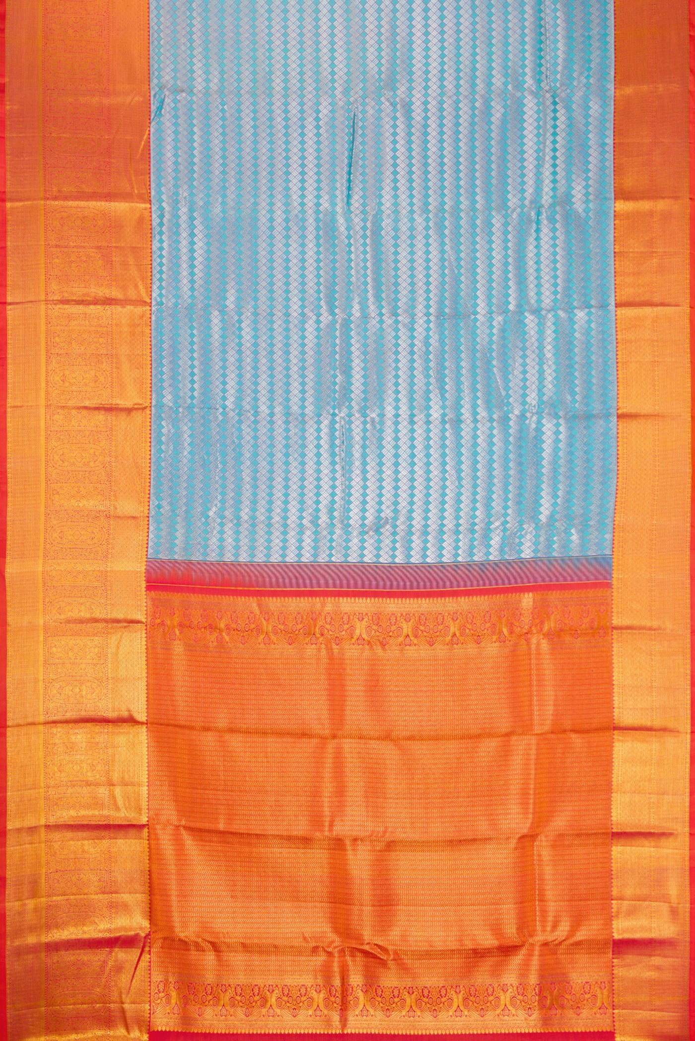 Flat view of Sky Blue Dual Tone Kanchipuram Silk Saree with Zari Brocade on the body and Zari Border. 