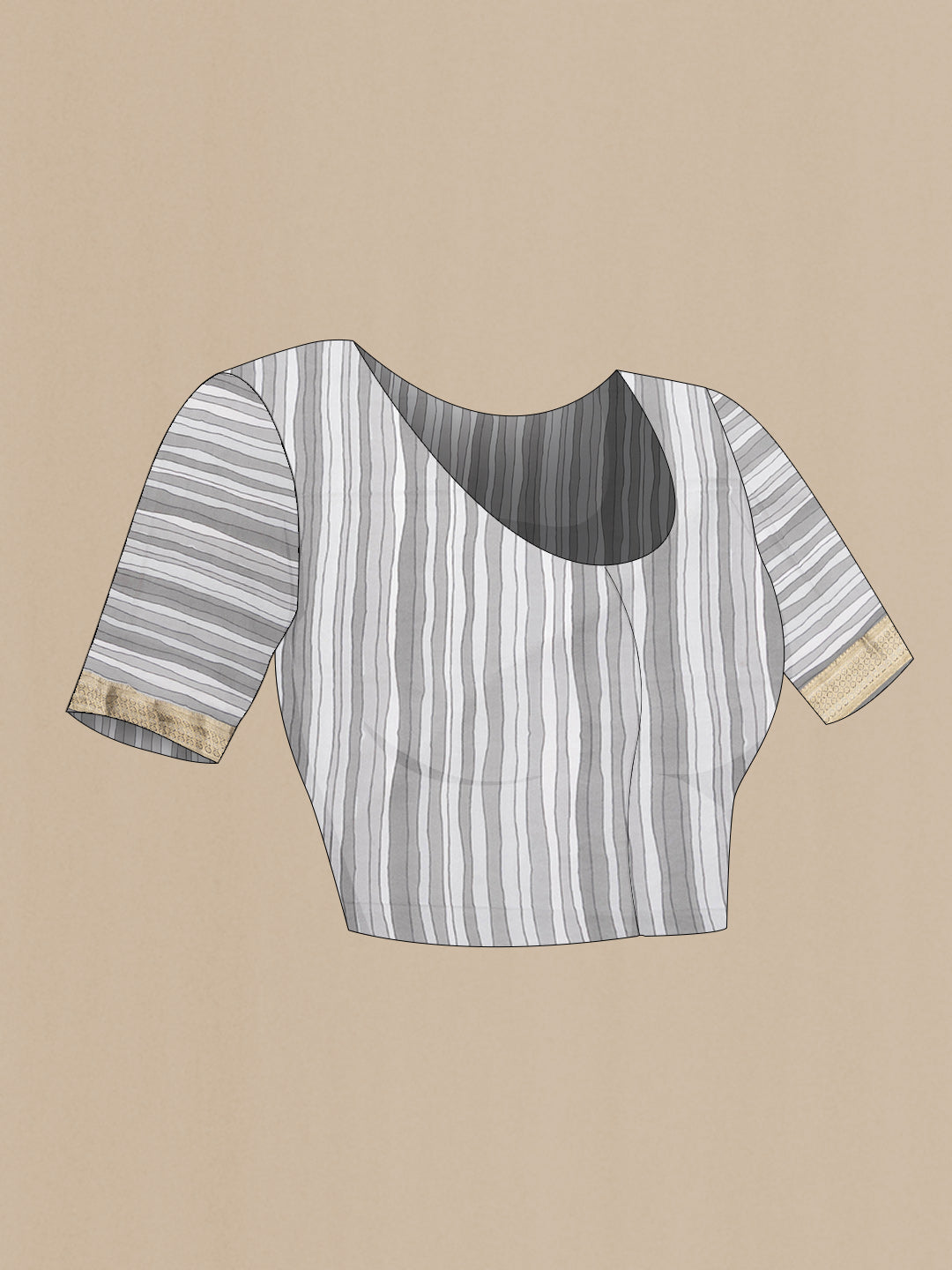 Close up image of the blouse of Grey Dual Tone Mysore Georgette Saree with Checked design on the body and Zari Border. 