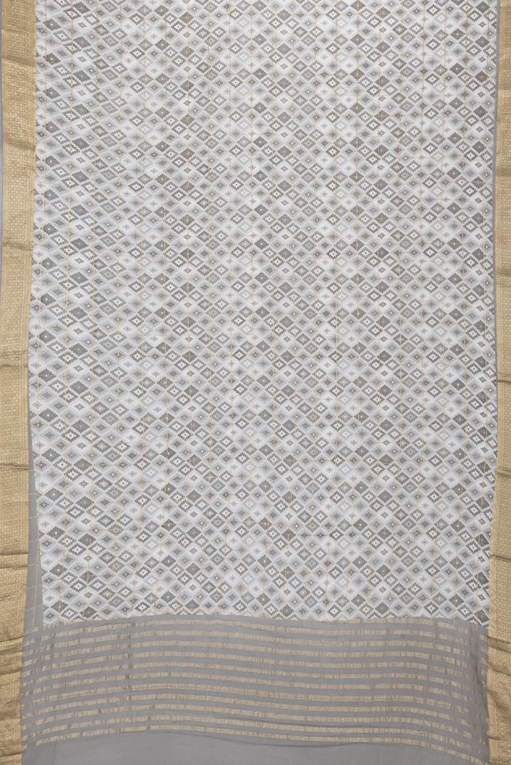 Flat view of Grey Dual Tone Mysore Georgette Saree with Checked design on the body and Zari Border. 