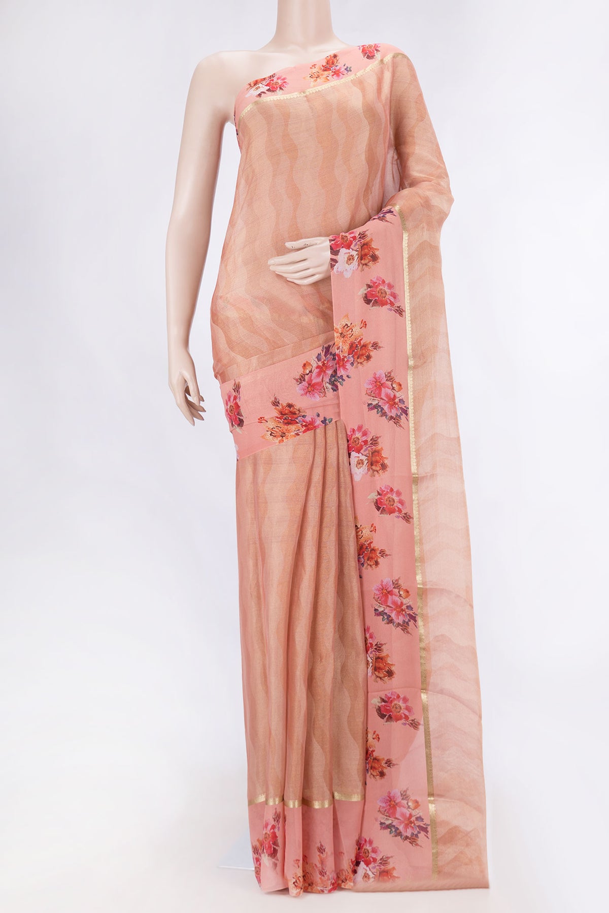 Peach Dual Tone Mysore Georgette Saree with Zari Brocade on the body and Zari Border displayed on a mannequin