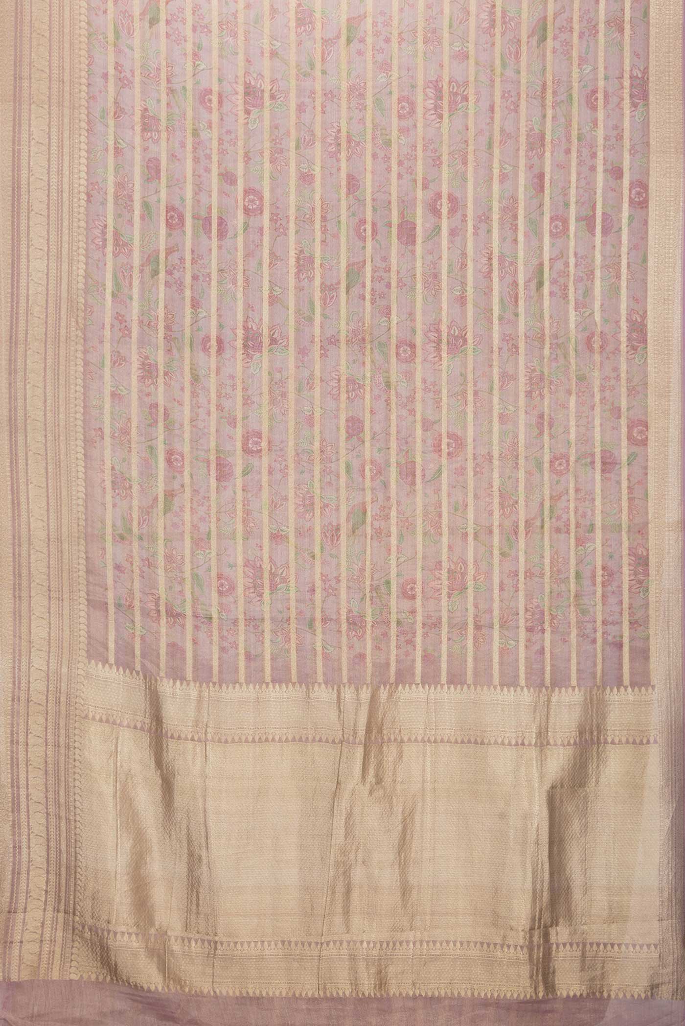 Flat view of Dark Pink Mysore Georgette Saree with Printed design on the body and Zari Border