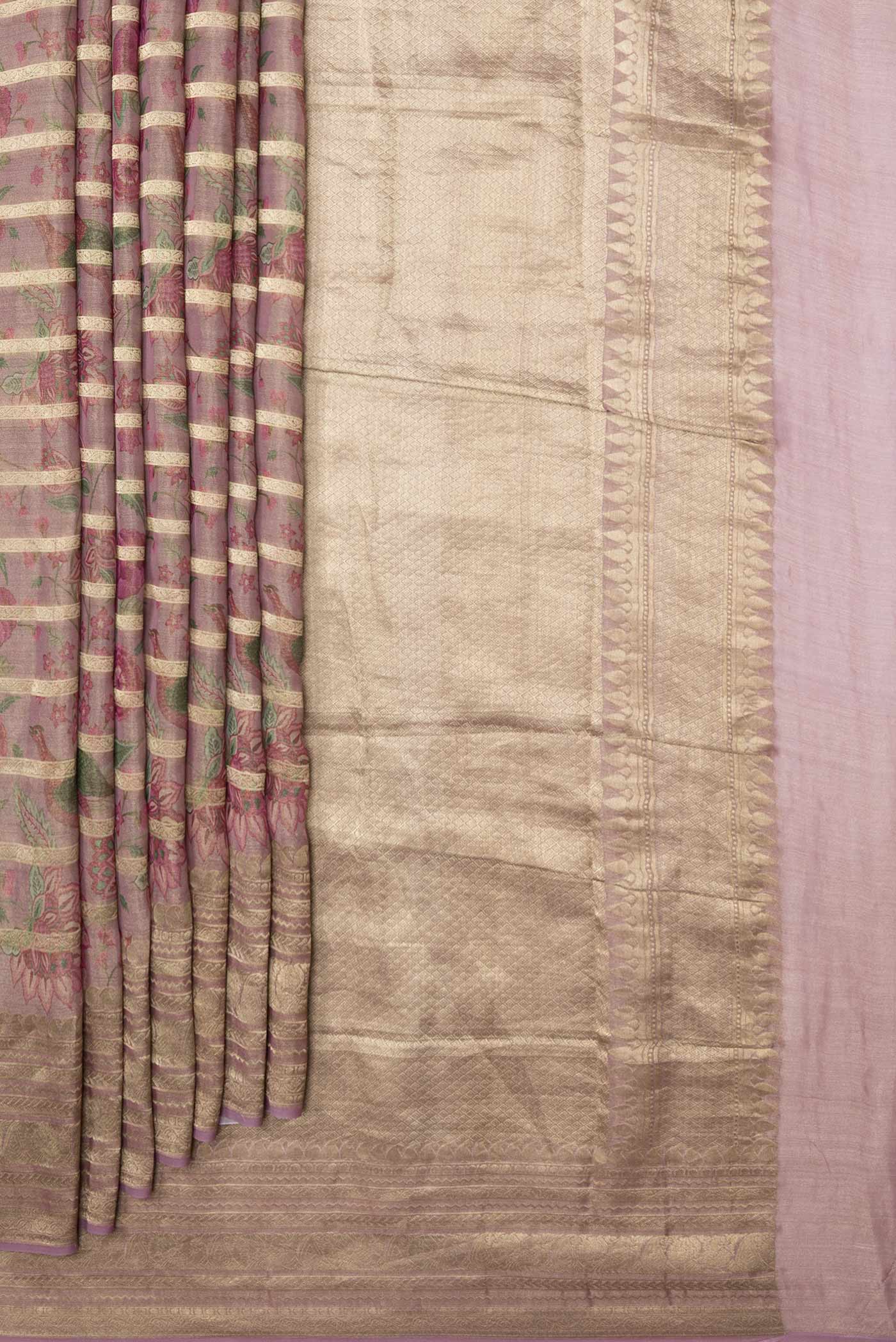 Pleats and pallu of Dark Pink Mysore Georgette Saree with Printed design on the body and Zari Border