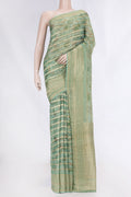 Green Dual Tone Mysore Georgette Saree with Printed design on the body and Zari Border displayed on a mannequin