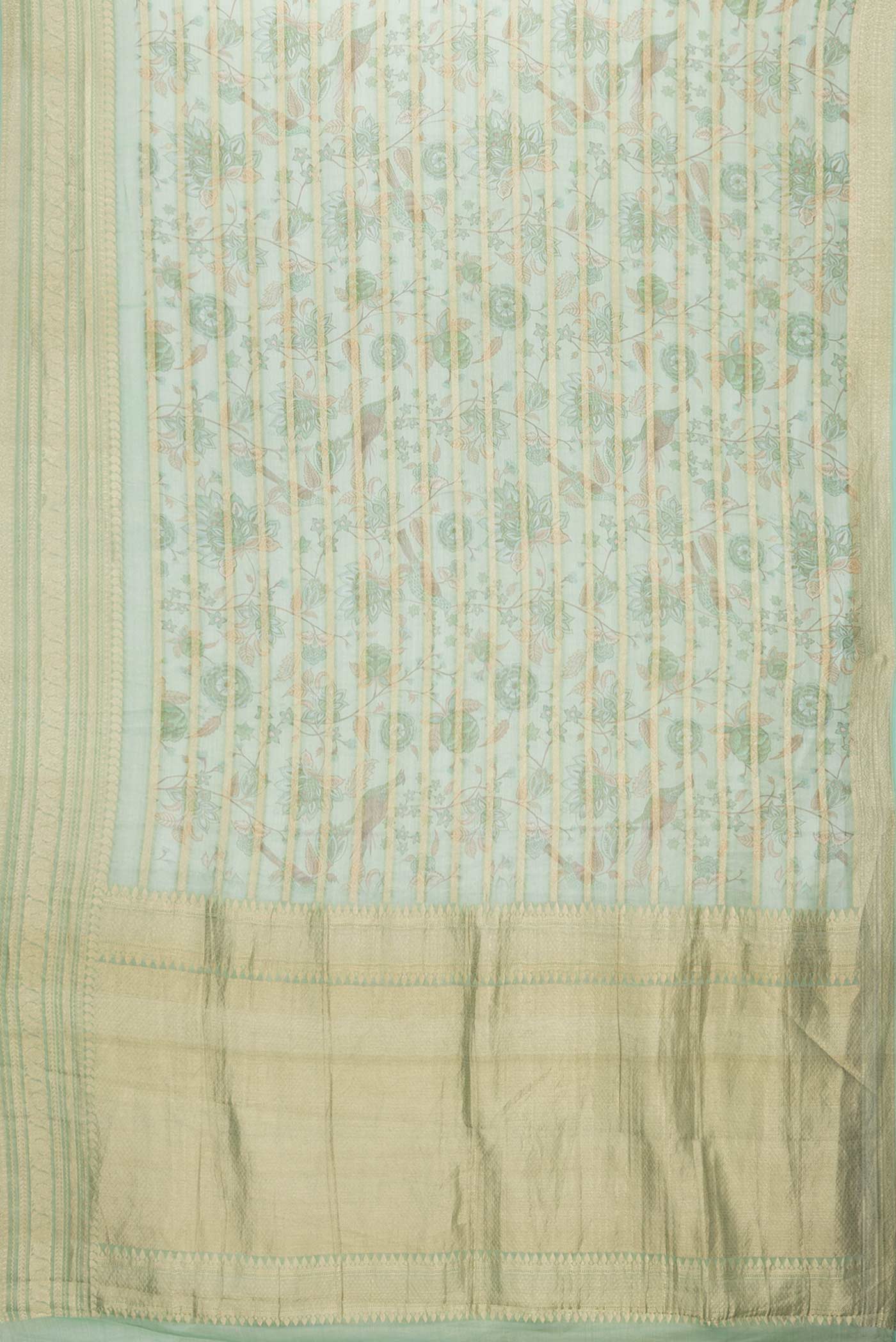 Flat view of Green Dual Tone Mysore Georgette Saree with Printed design on the body and Zari Border