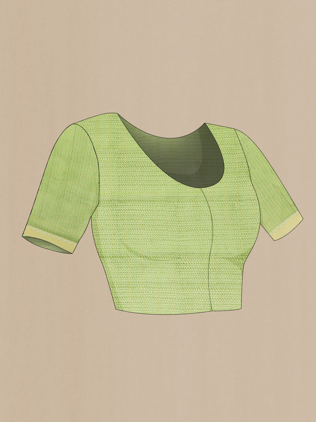 Close up image of the blouse of Green, Yellow and Lavender Color Mysore Georgette Saree with Checked design on the body and Zari Border